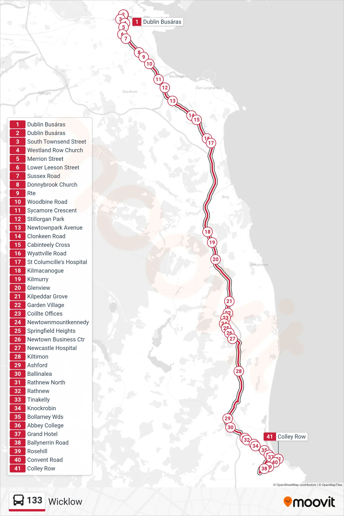 133 bus Line (Wicklow) route and stops on a map