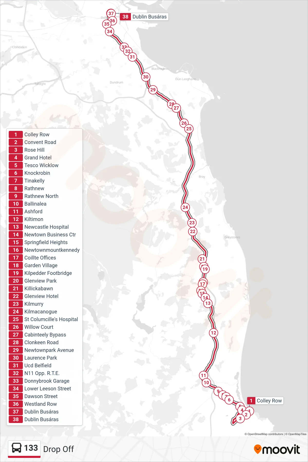 133 bus Line (Drop Off) route and stops on a map
