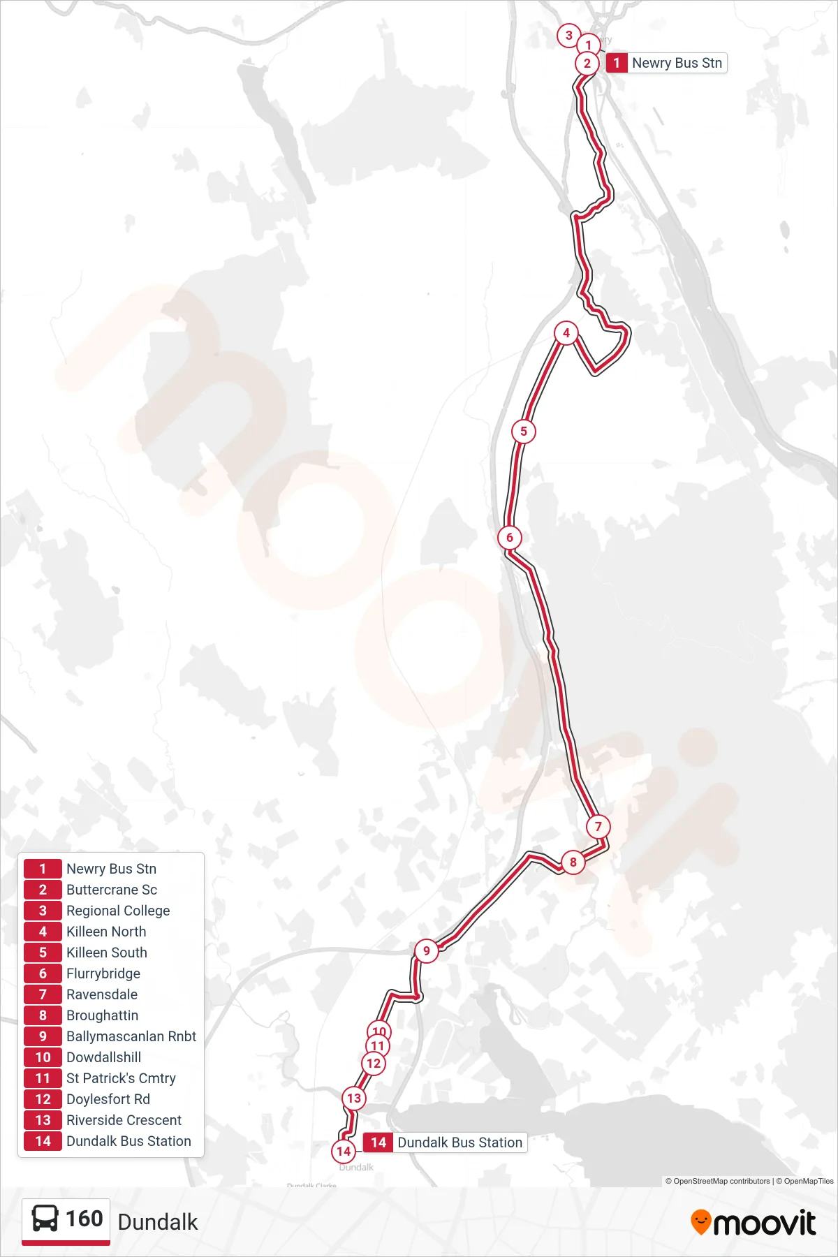 160 bus Line (Dundalk) route and stops on a map