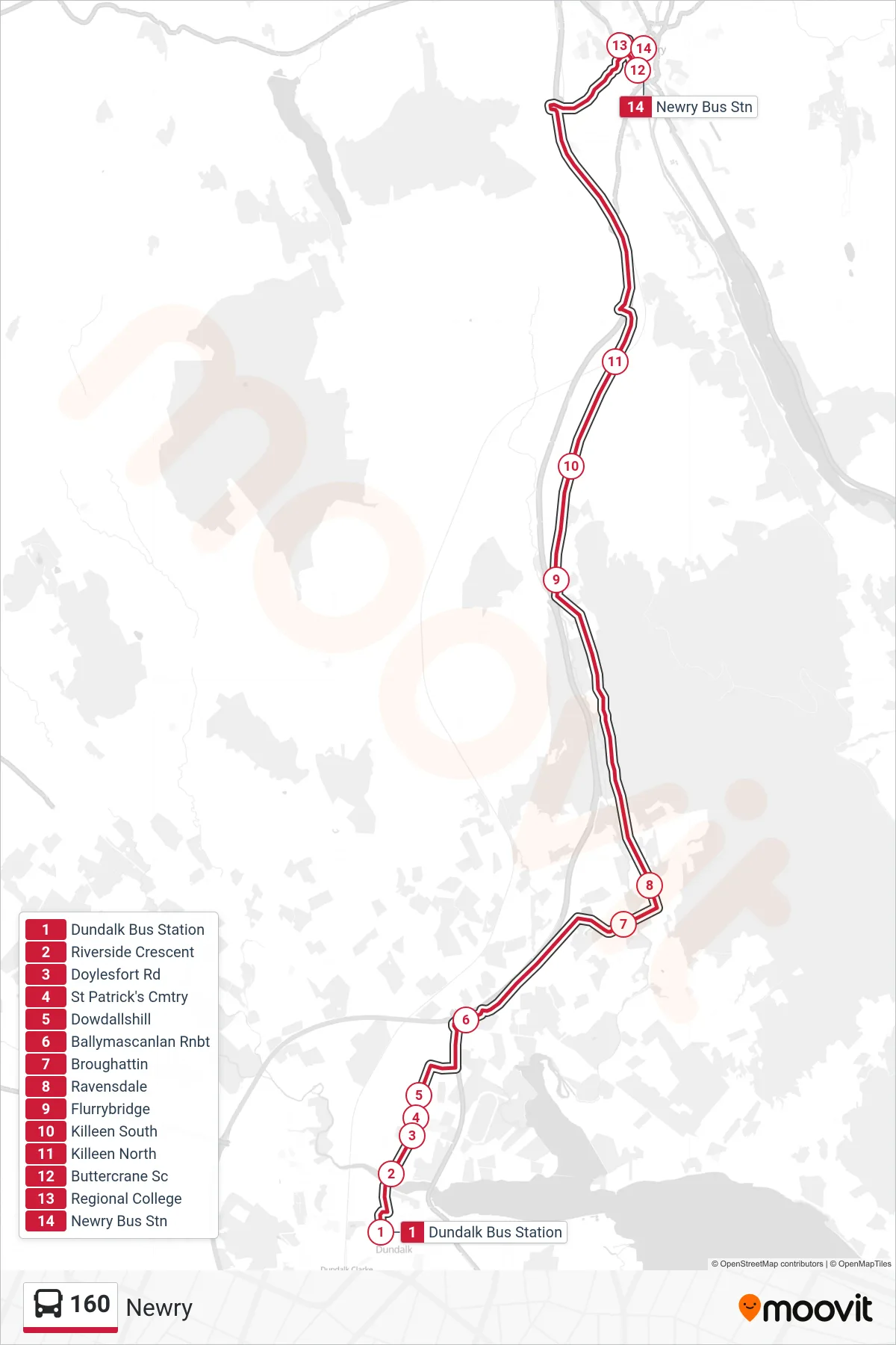 160 bus Line (Newry) route and stops on a map