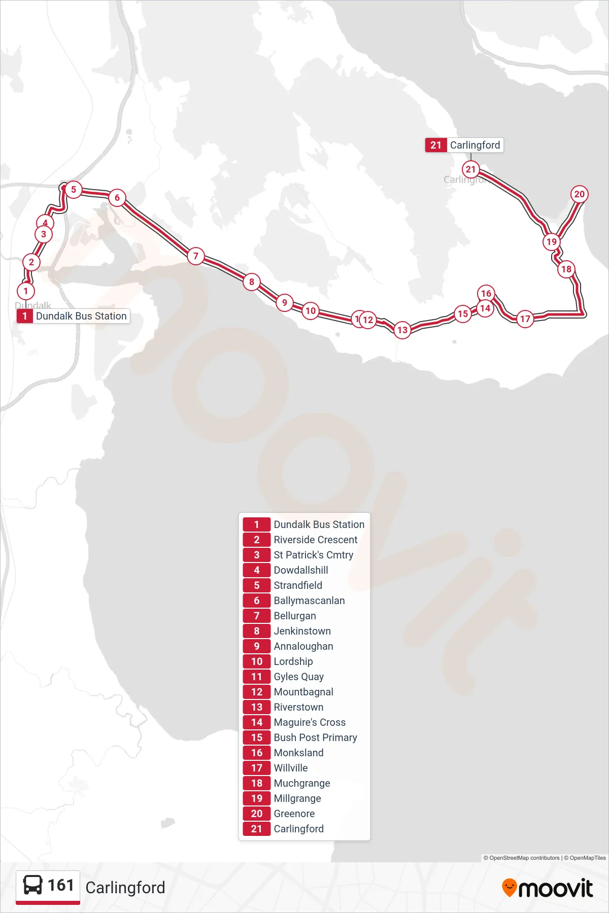 161 bus Line (Carlingford) route and stops on a map
