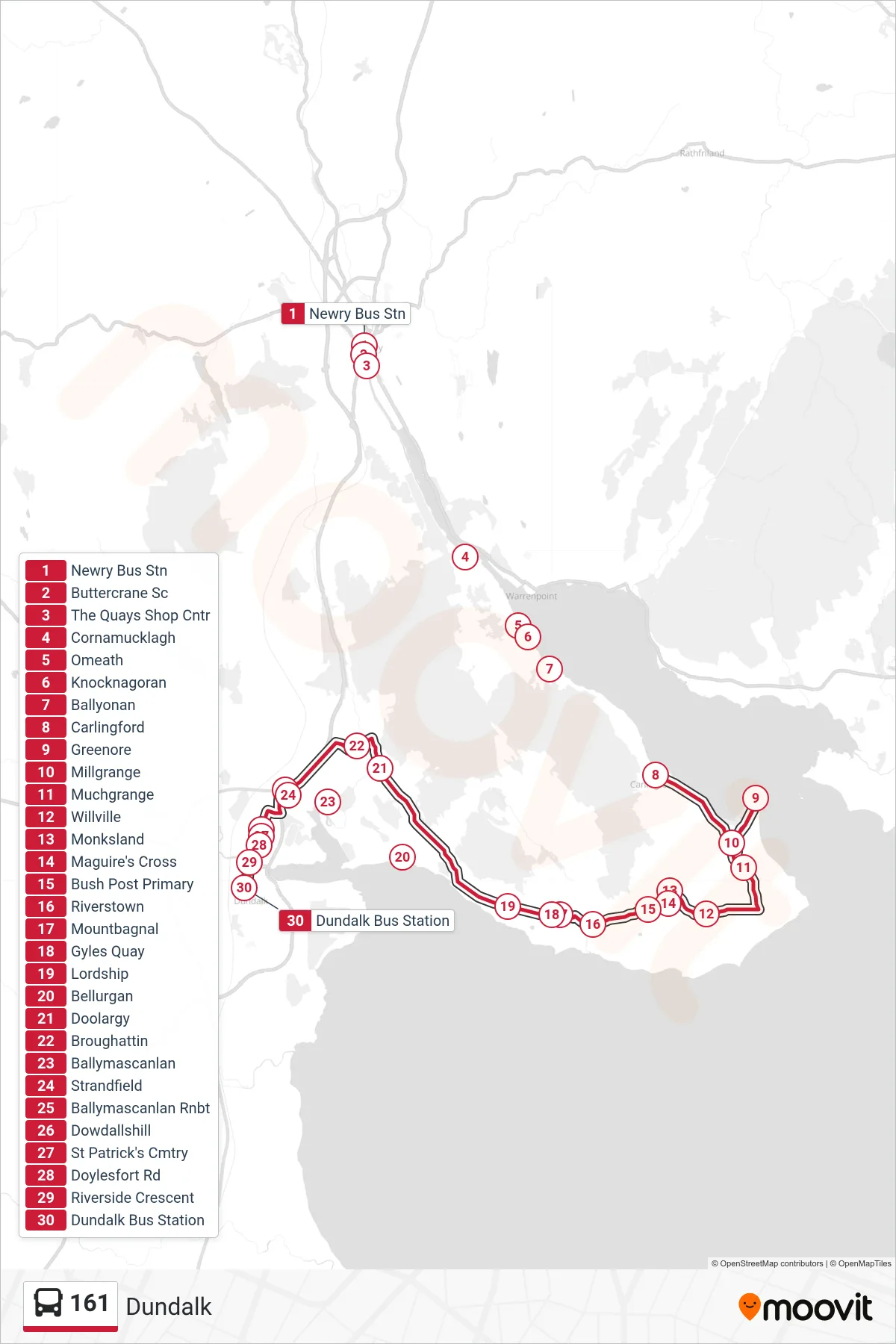 161 bus Line (Dundalk) route and stops on a map