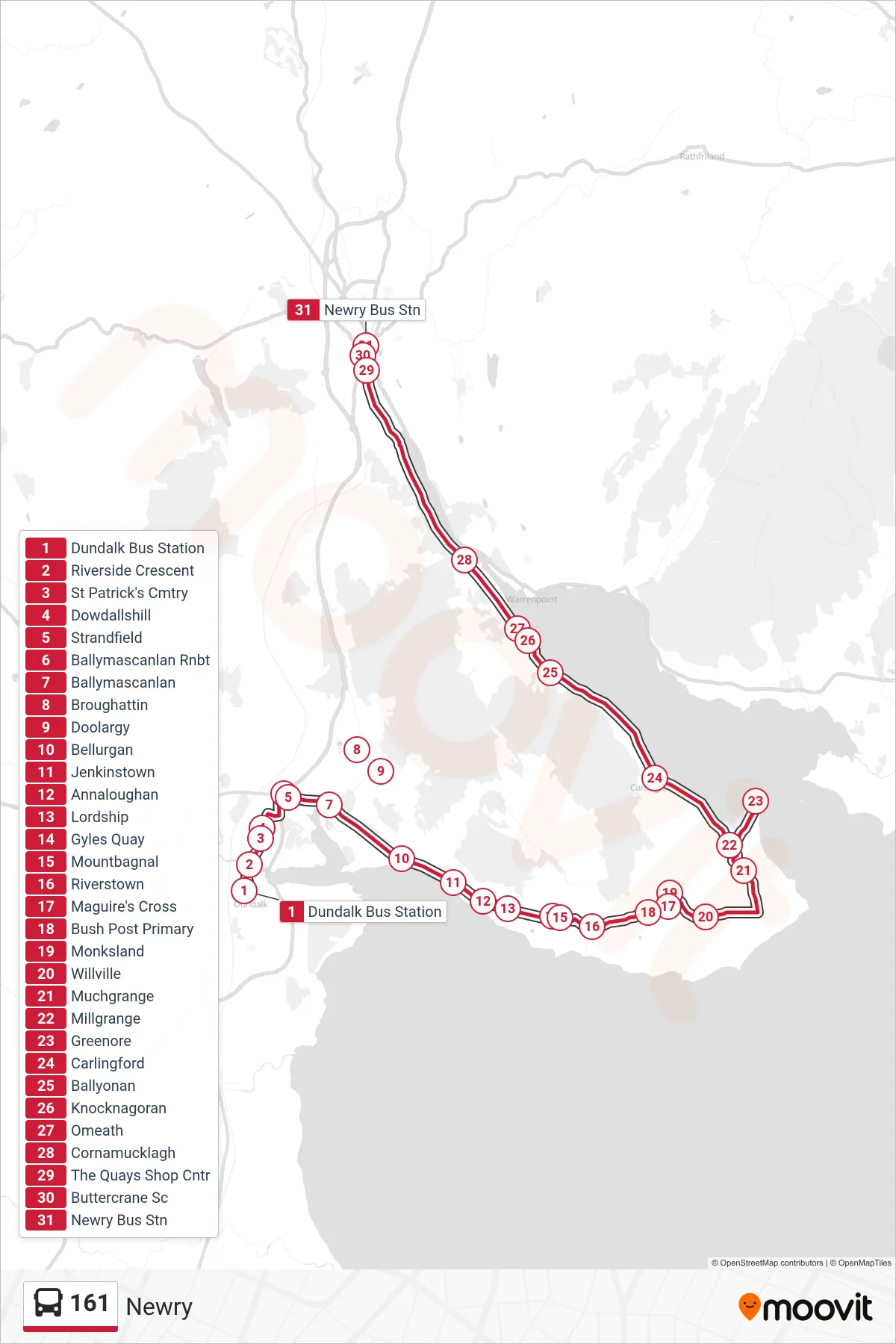 161 bus Line (Newry) route and stops on a map