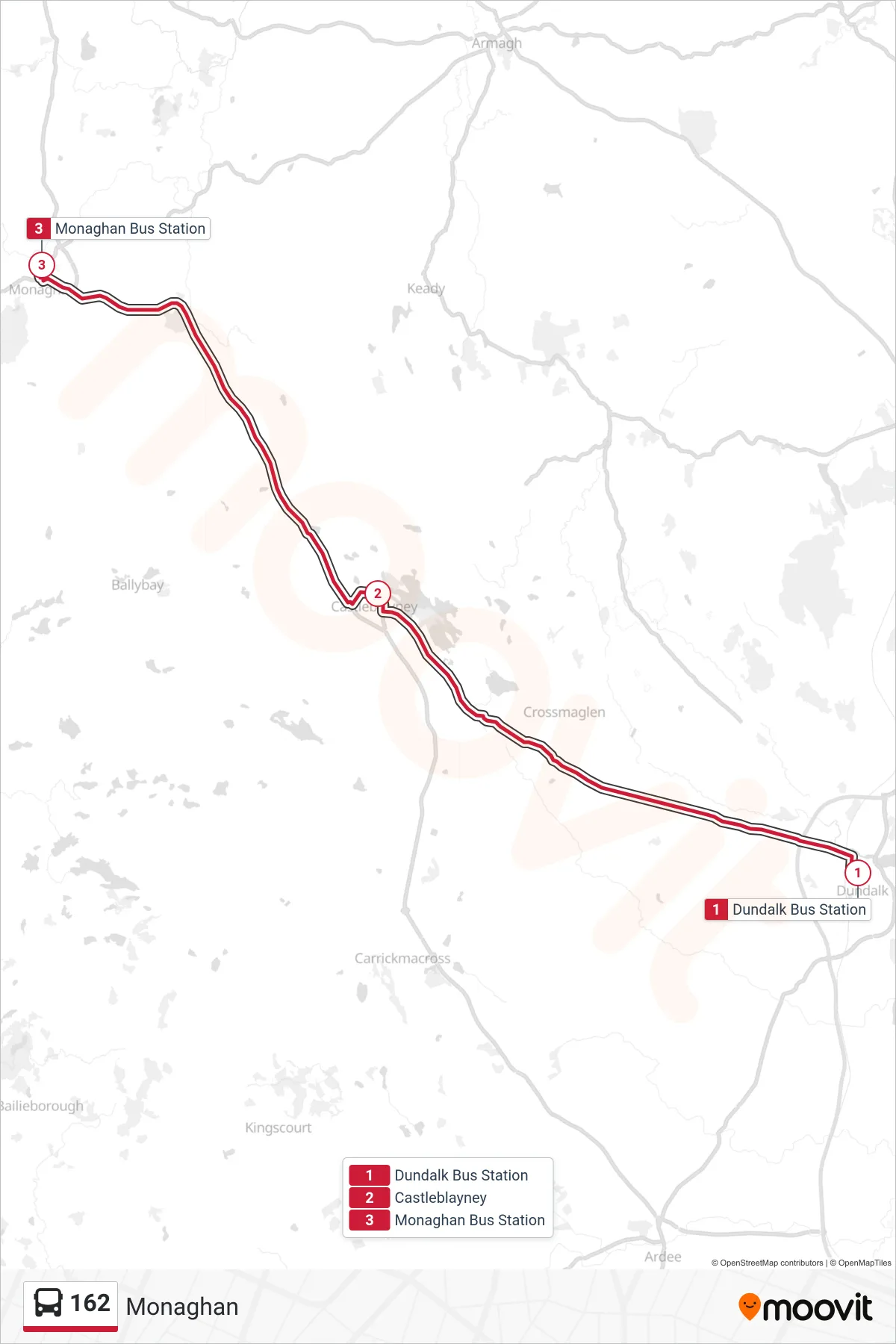 162 bus Line (Monaghan) route and stops on a map