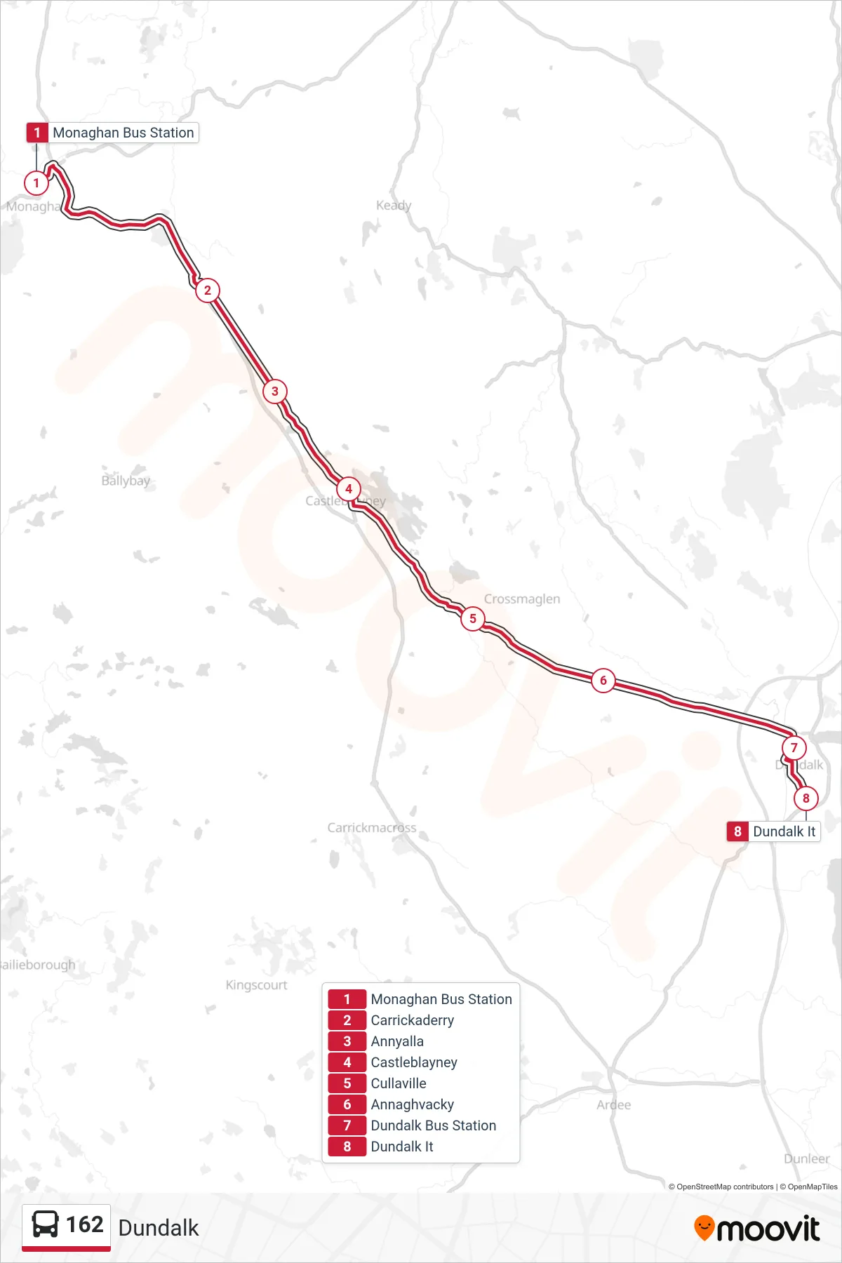 162 bus Line (Dundalk) route and stops on a map
