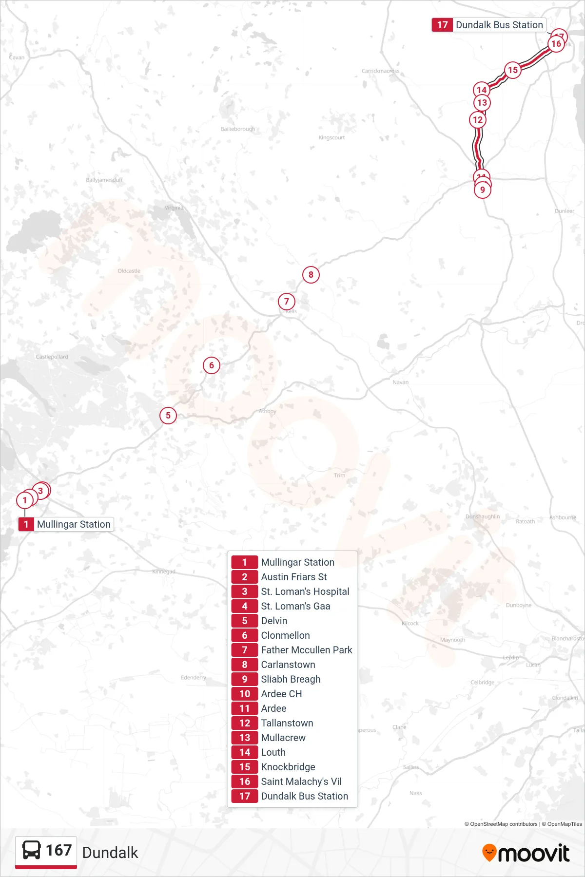 167 bus Line (Dundalk) route and stops on a map