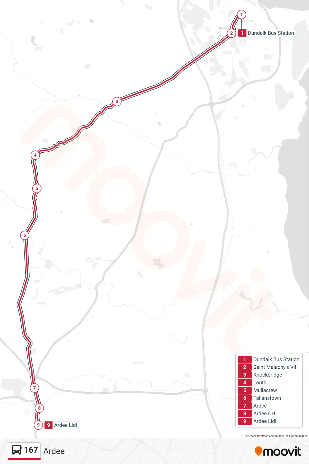 167 bus Line (Ardee) route and stops on a map