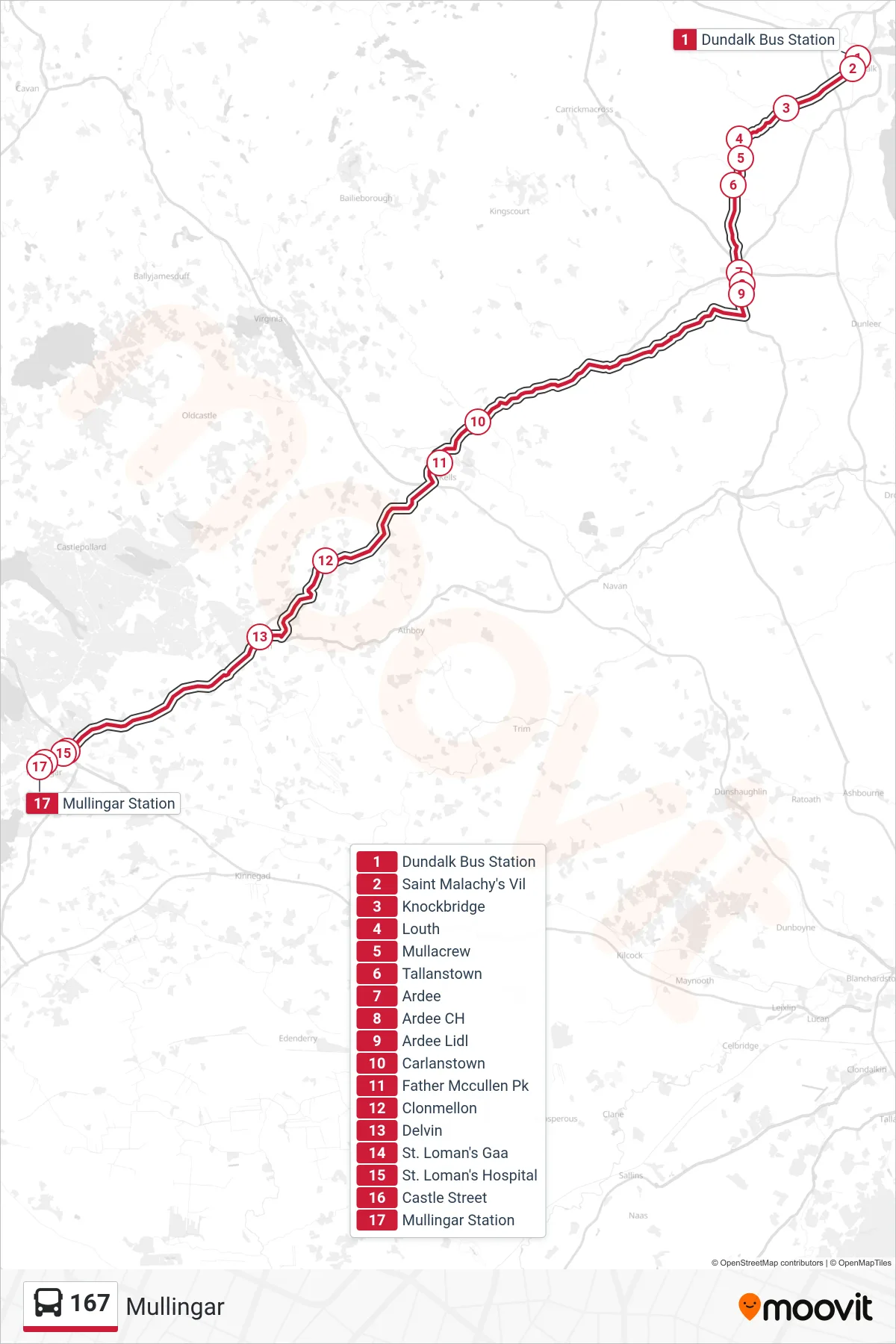 167 bus Line (Mullingar) route and stops on a map