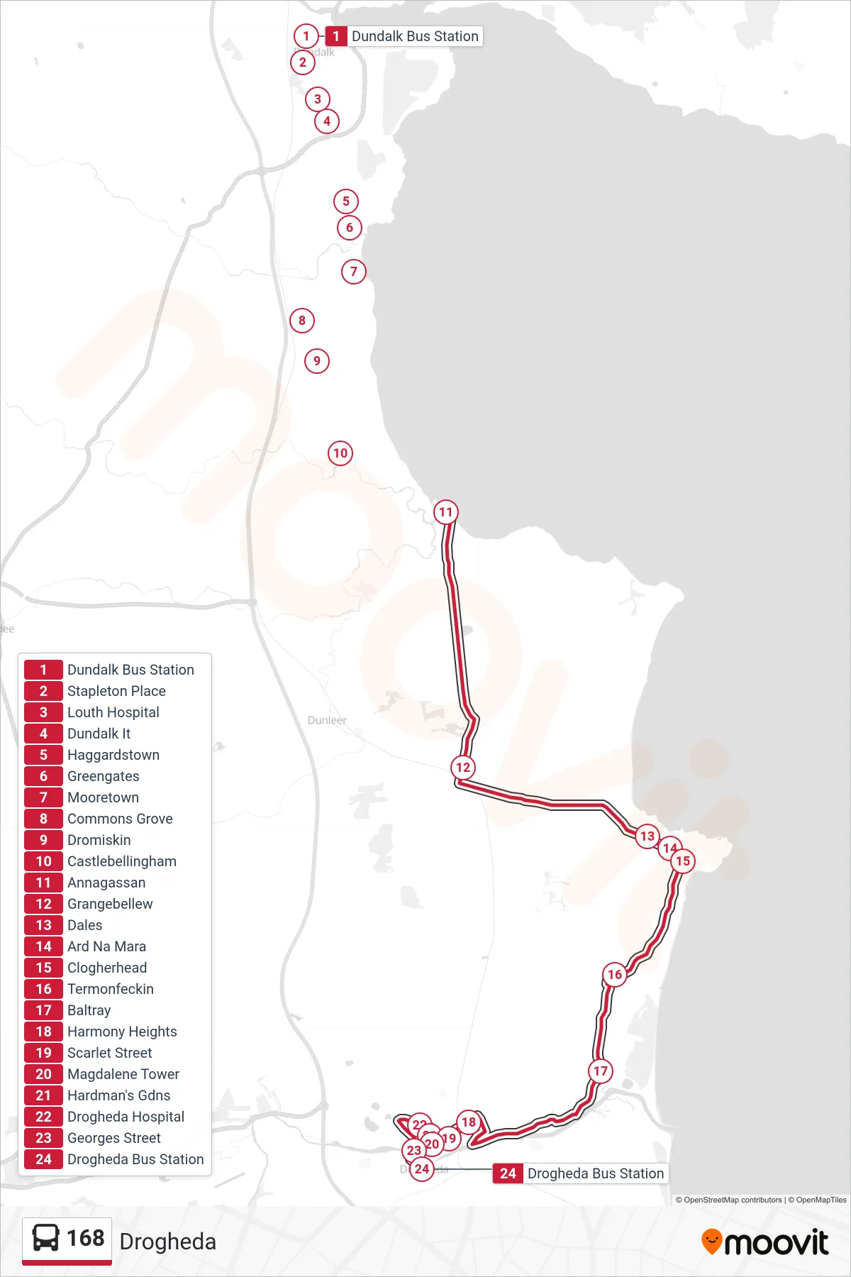 168 bus Line (Drogheda) route and stops on a map