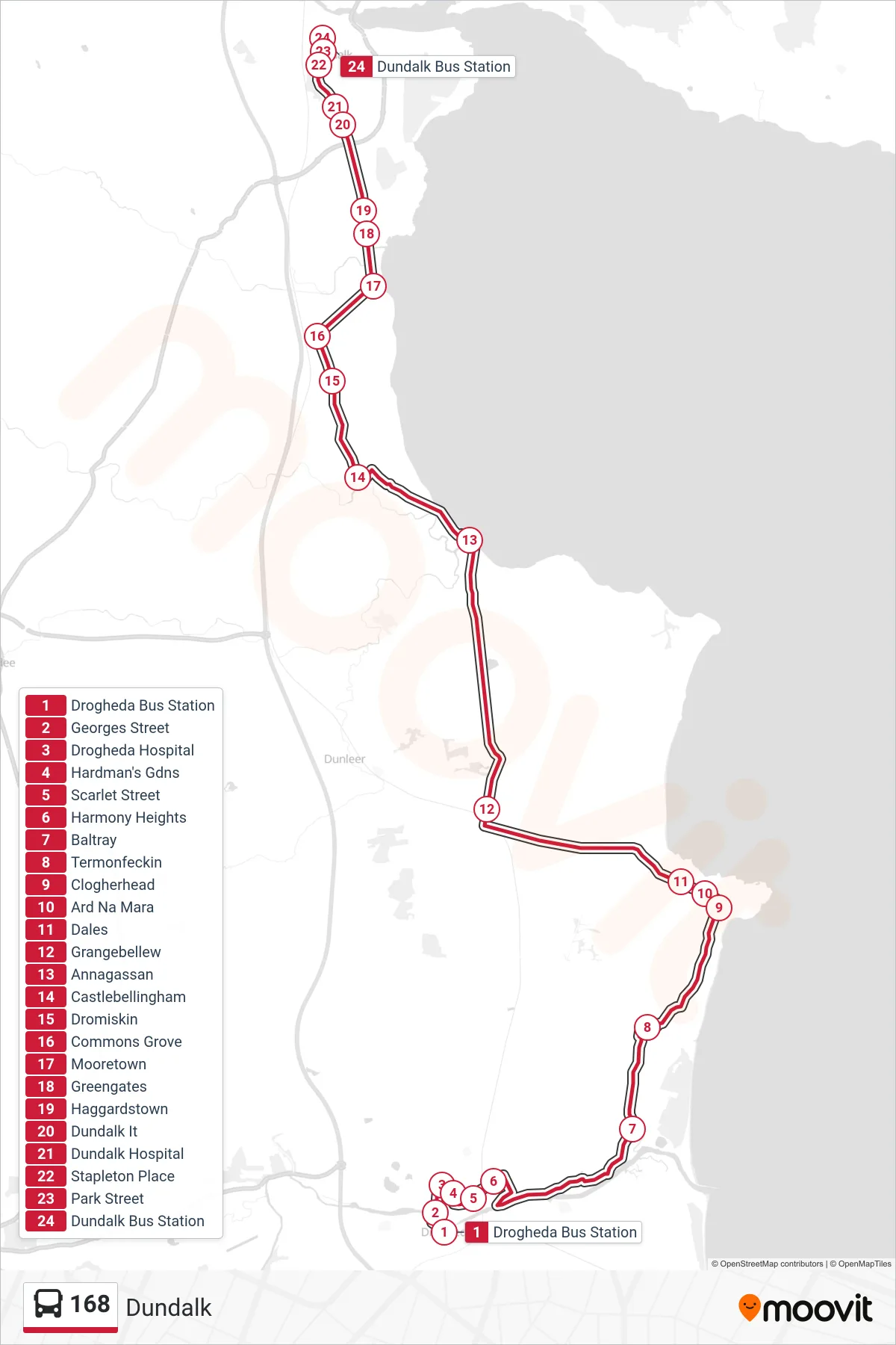 168 bus Line (Dundalk) route and stops on a map