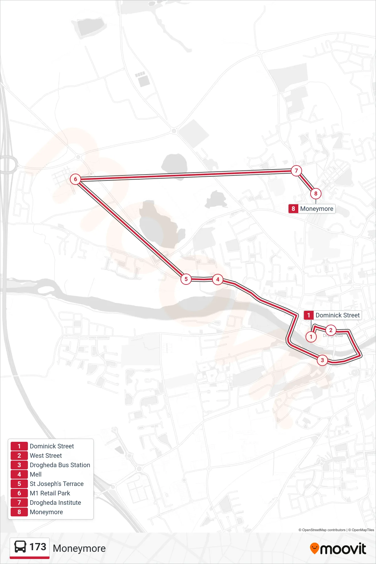173 bus Line (Moneymore) route and stops on a map