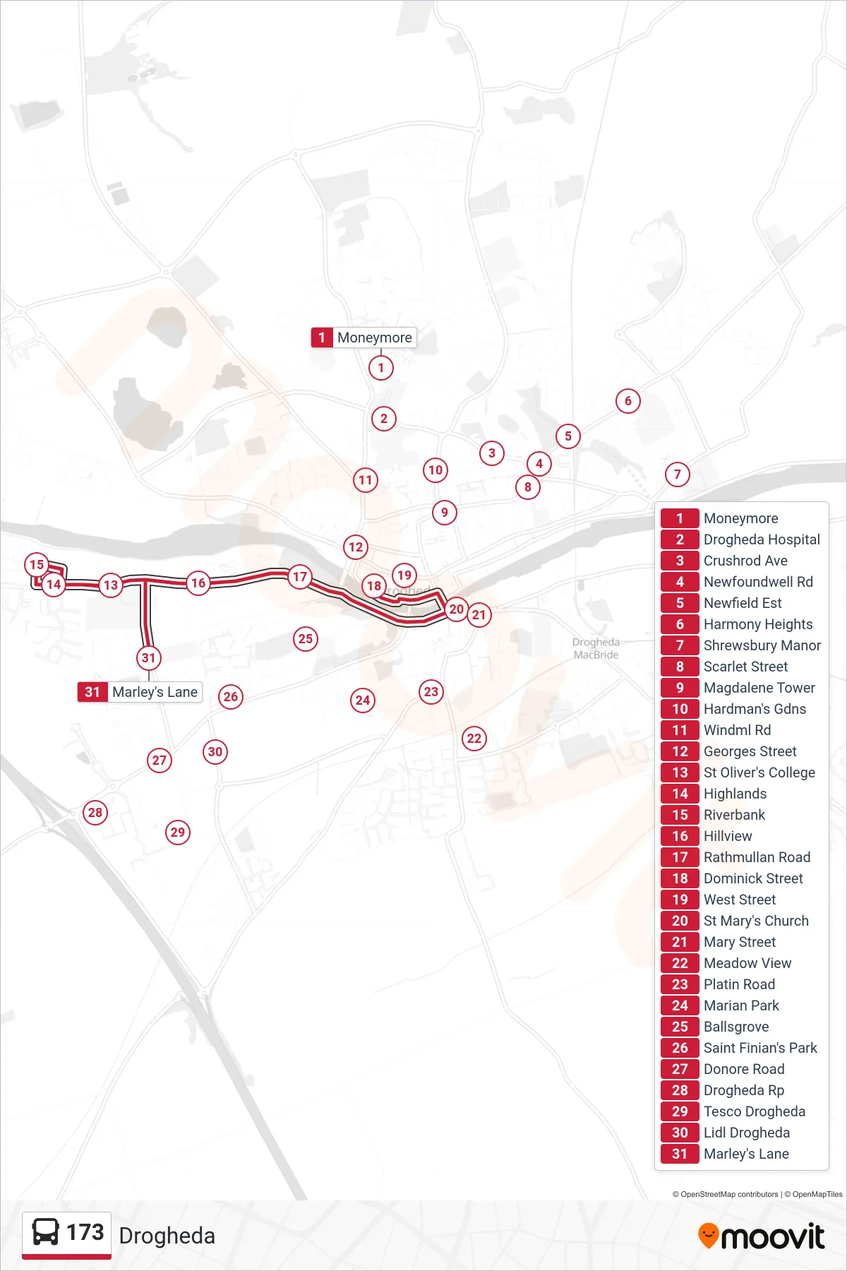 173 bus Line (Drogheda) route and stops on a map