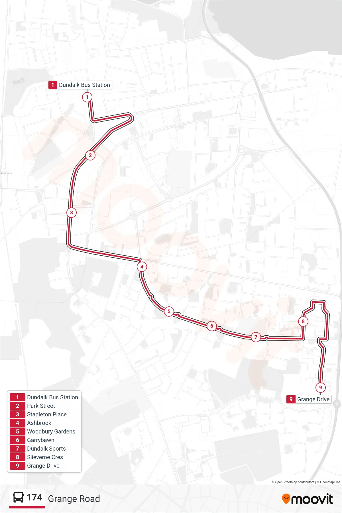 174 bus Line (Grange Road) route and stops on a map