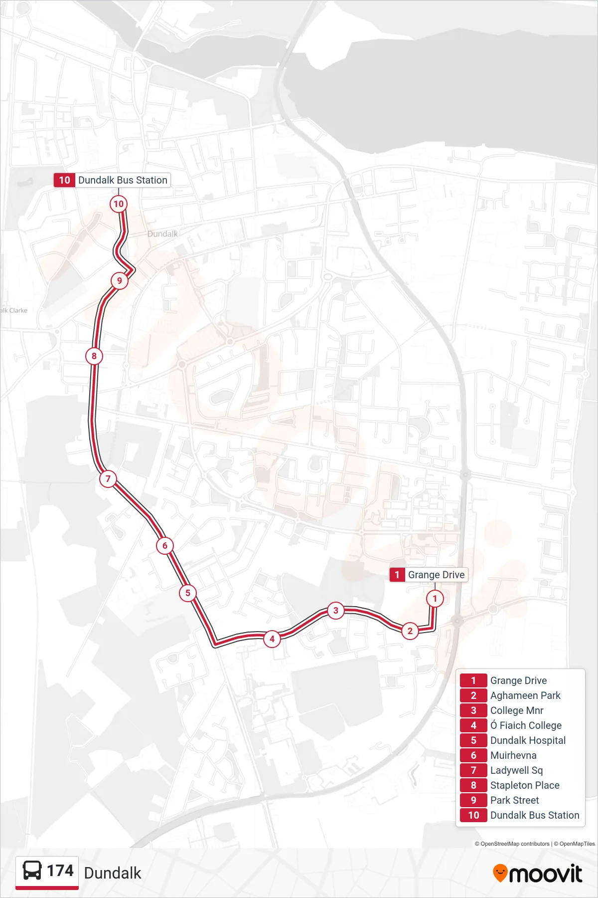 174 bus Line (Dundalk) route and stops on a map