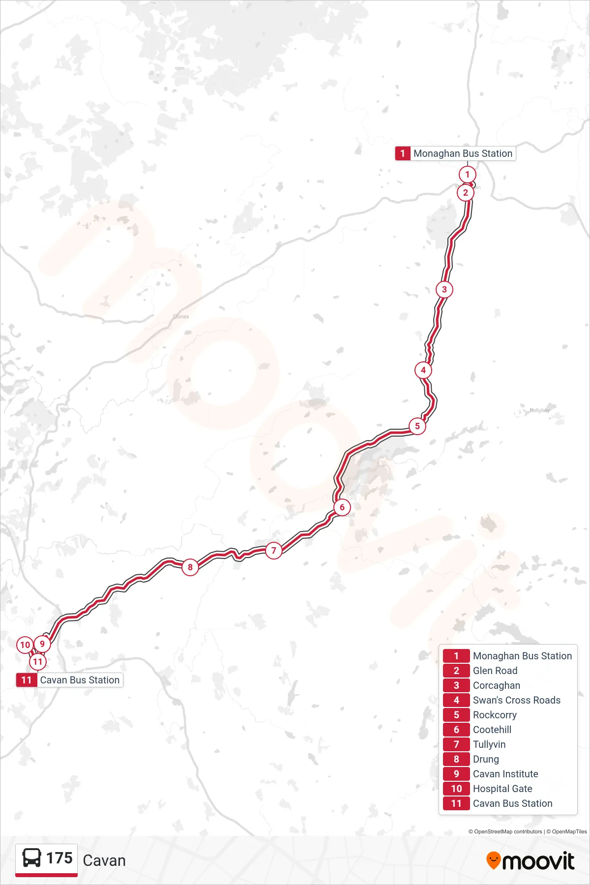 175 bus Line (Cavan) route and stops on a map