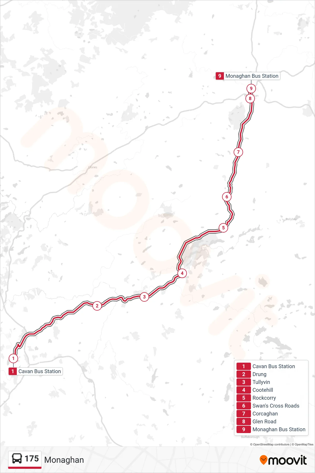 175 bus Line (Monaghan) route and stops on a map