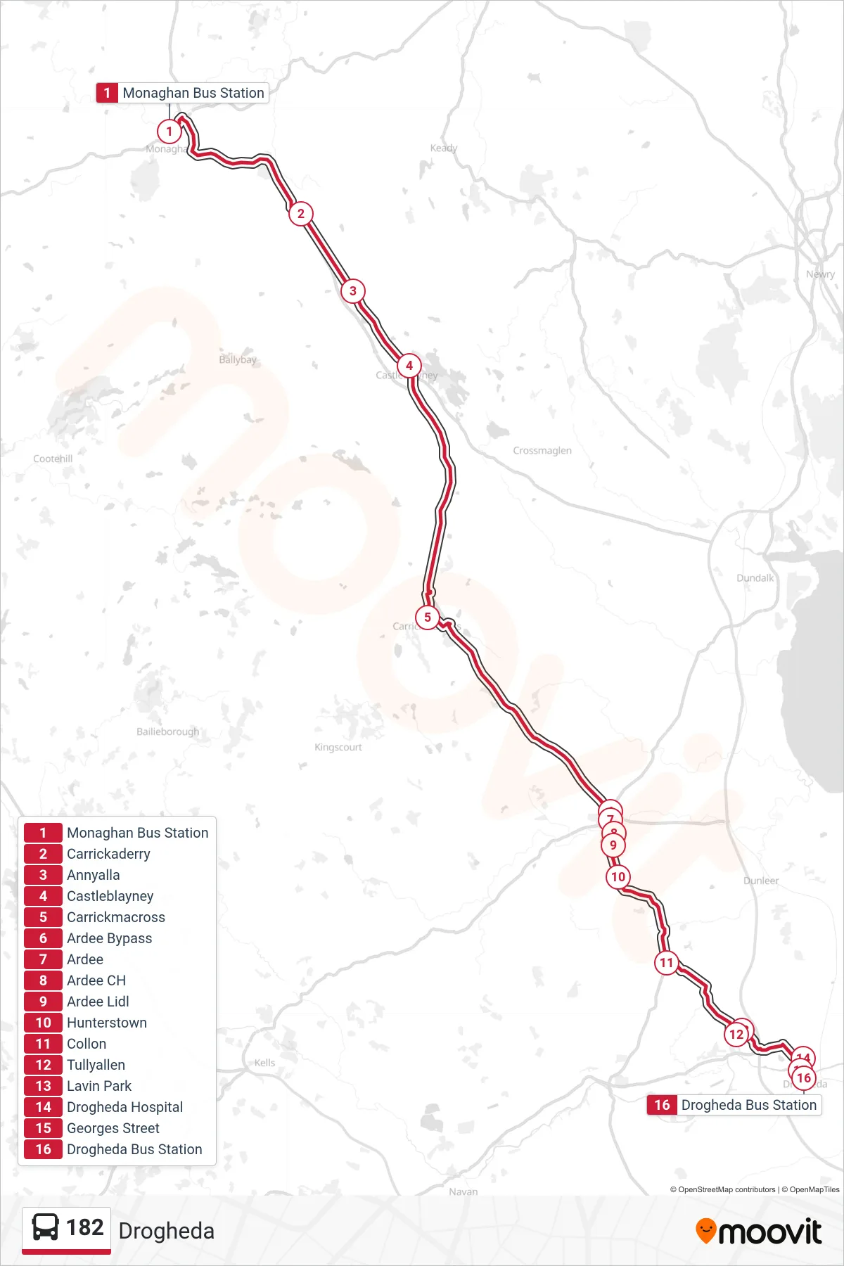 182 bus Line (Drogheda) route and stops on a map