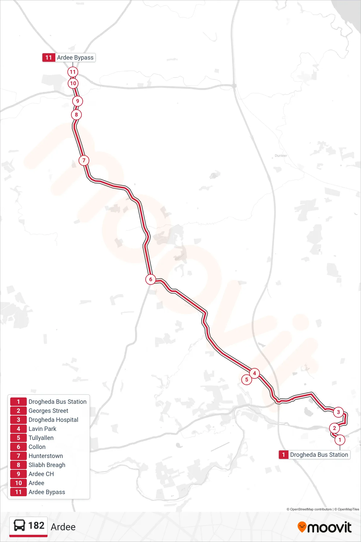 182 bus Line (Ardee) route and stops on a map