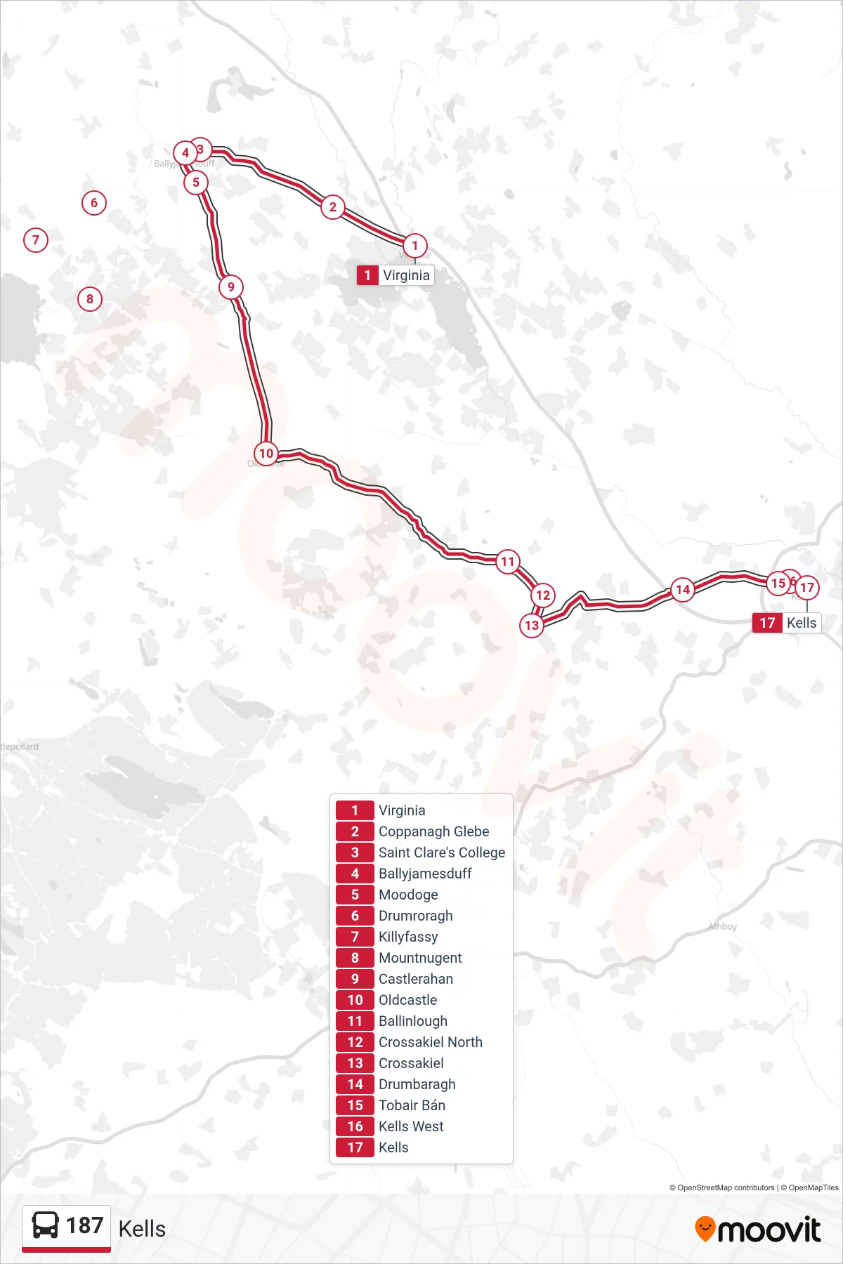 187 bus Line (Kells) route and stops on a map