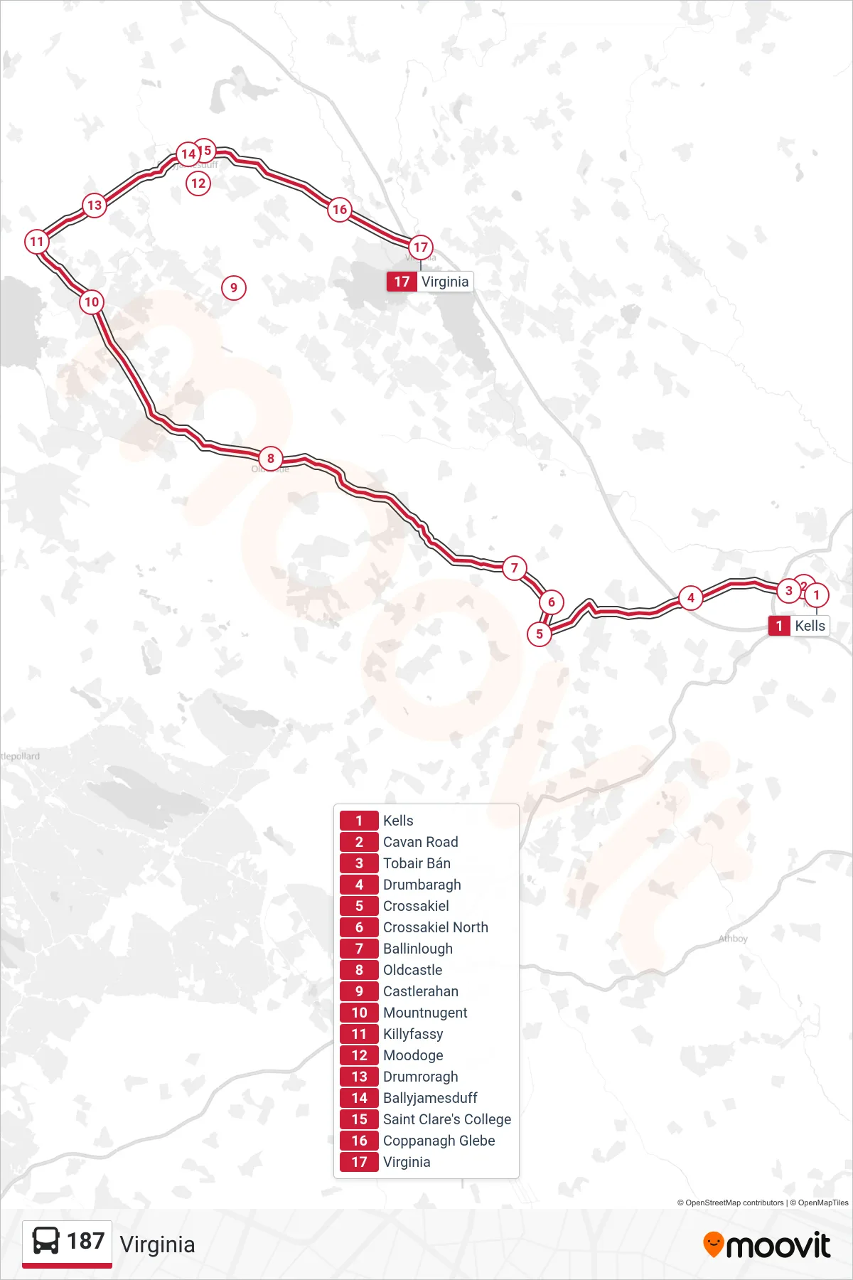 187 bus Line (Virginia) route and stops on a map