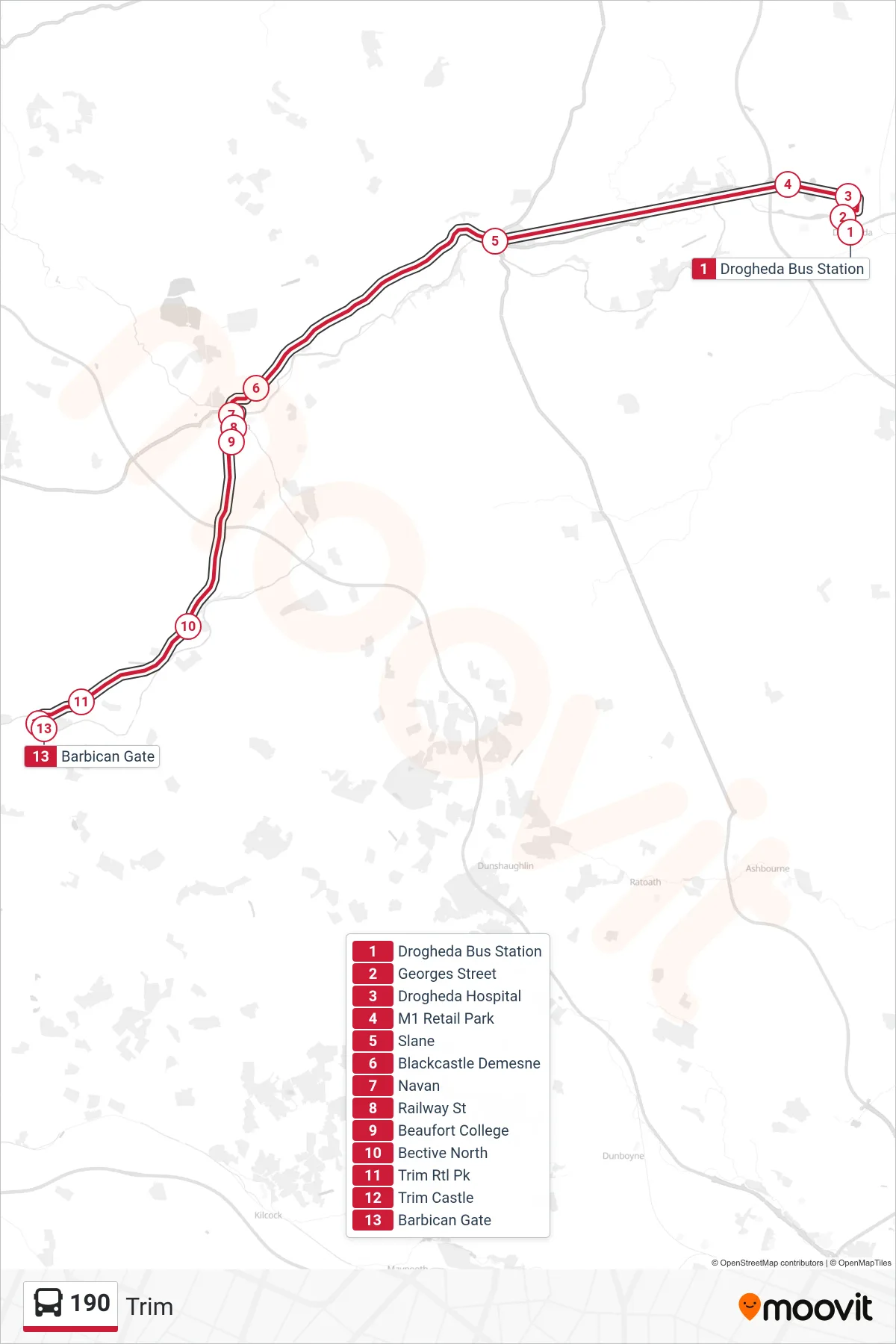 190 bus Line (Trim) route and stops on a map