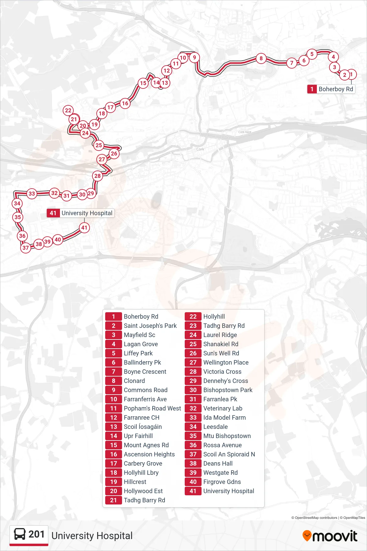 201 bus Line (University Hospital) route and stops on a map