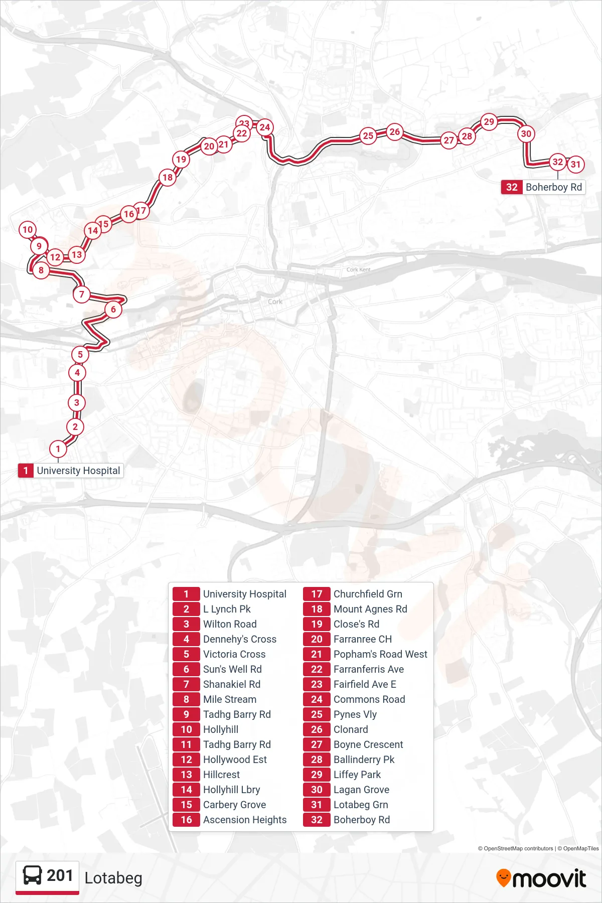 201 bus Line (Lotabeg) route and stops on a map