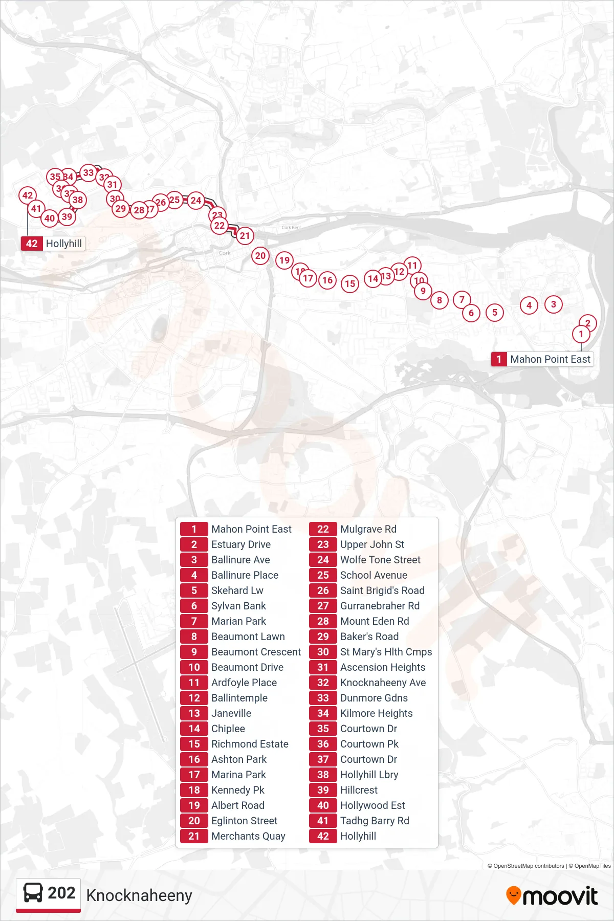 202 bus Line (Knocknaheeny) route and stops on a map