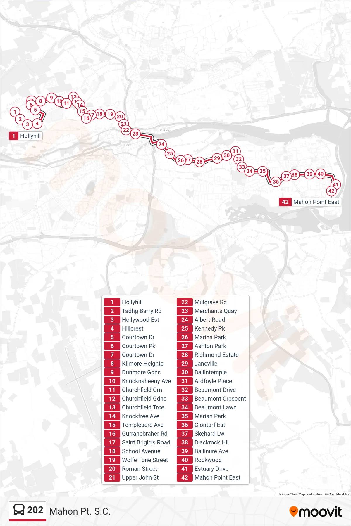 202 bus Line (Mahon Pt. S.C.) route and stops on a map