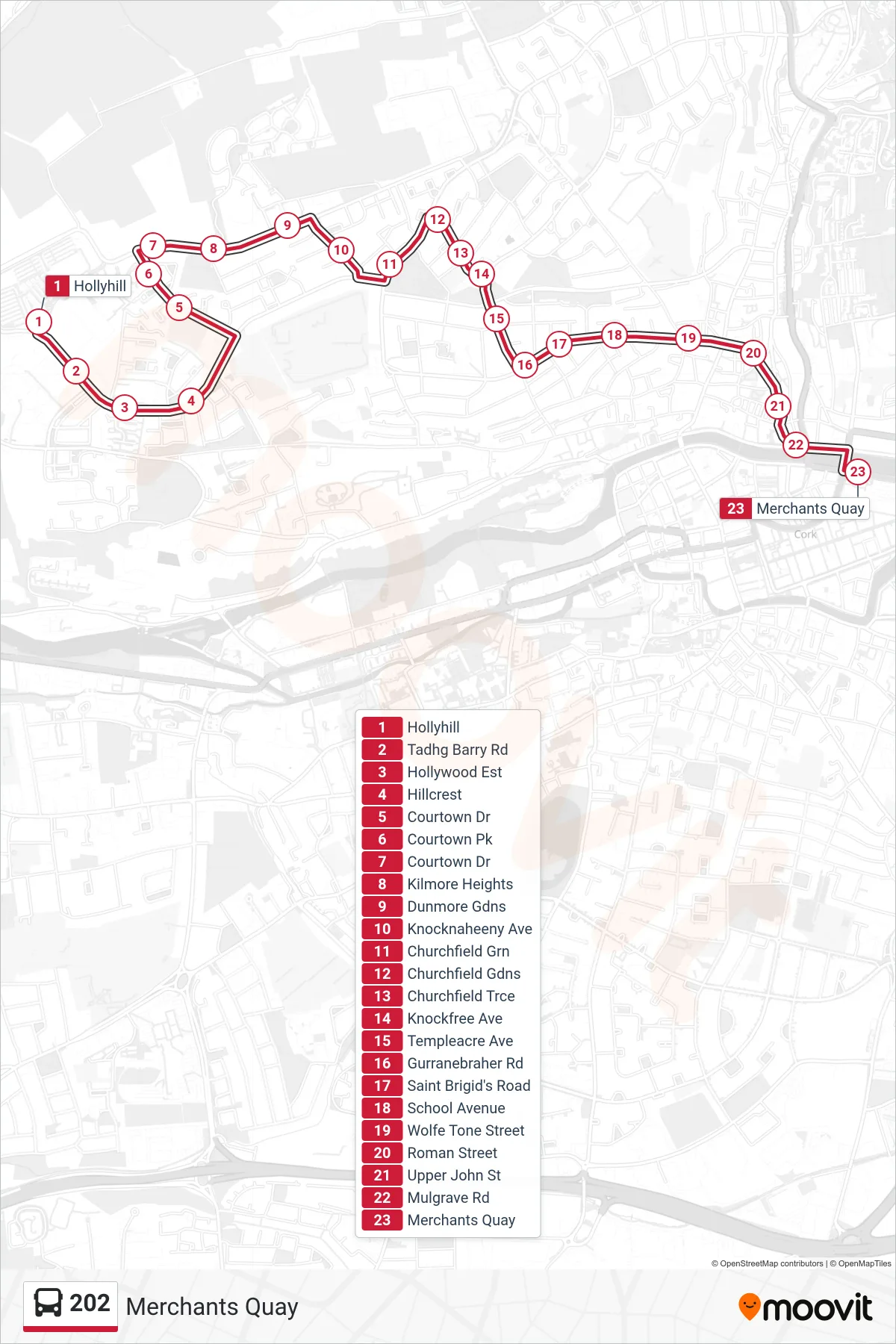 202 bus Line (Merchants Quay) route and stops on a map