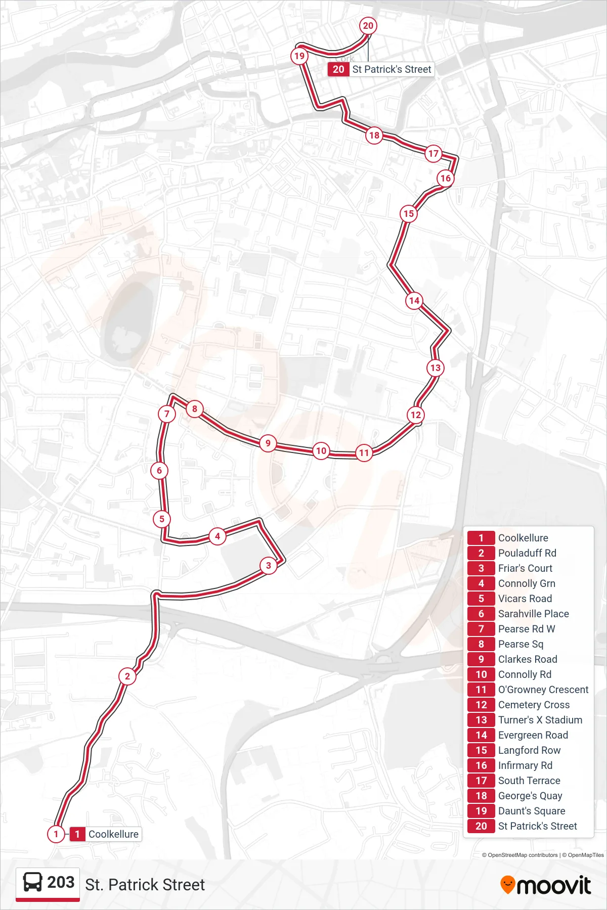 203 bus Line (St. Patrick Street) route and stops on a map