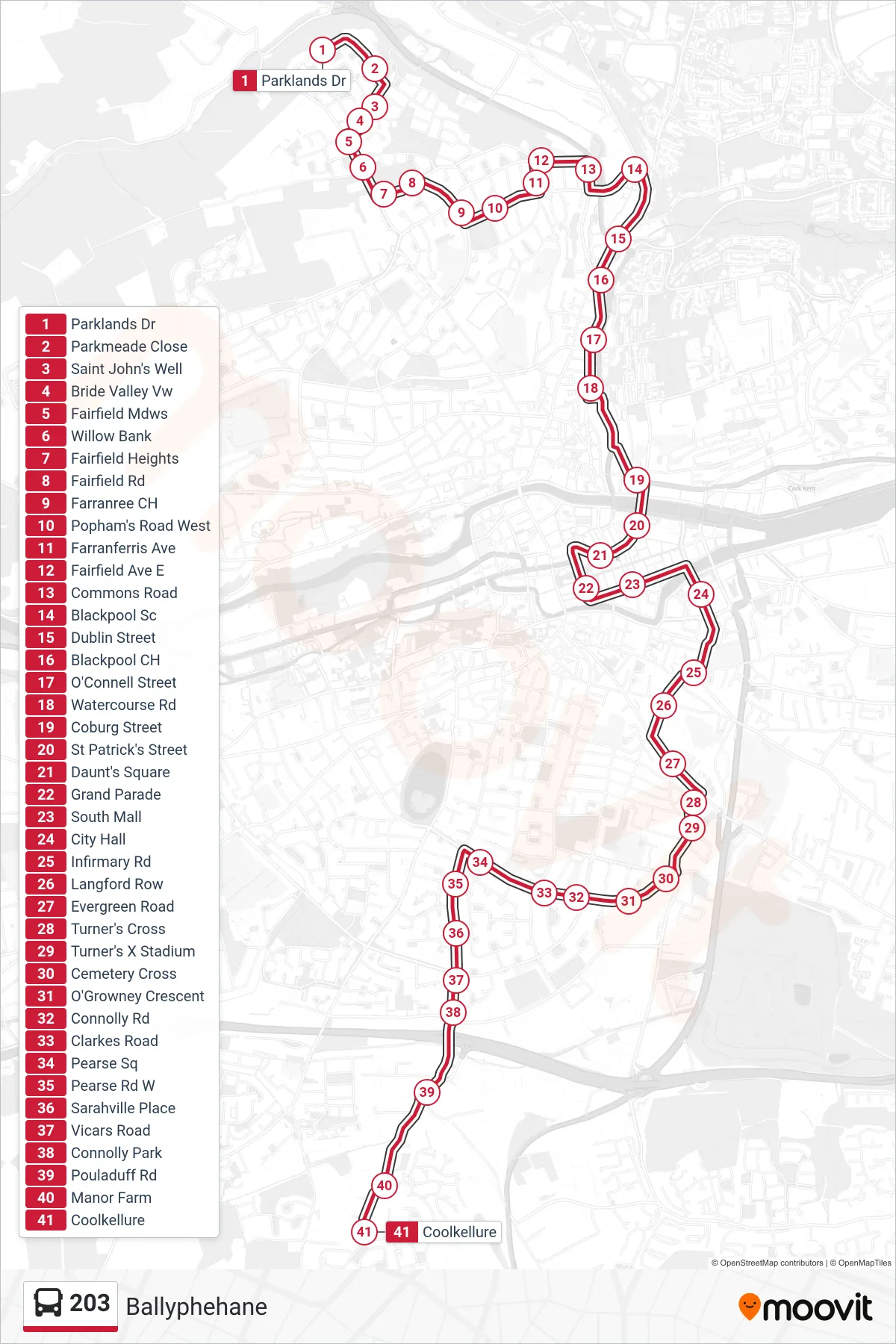 203 bus Line (Ballyphehane) route and stops on a map