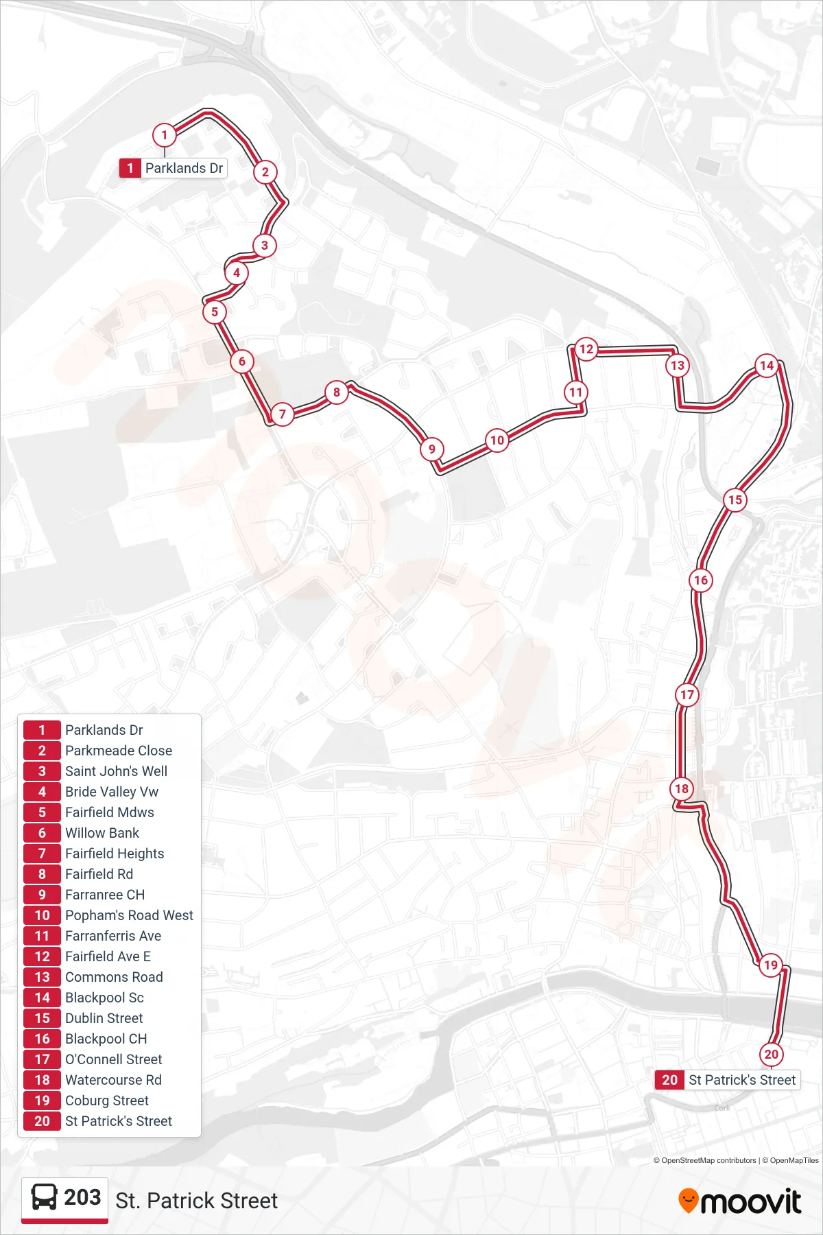 203 bus Line (St. Patrick Street) route and stops on a map