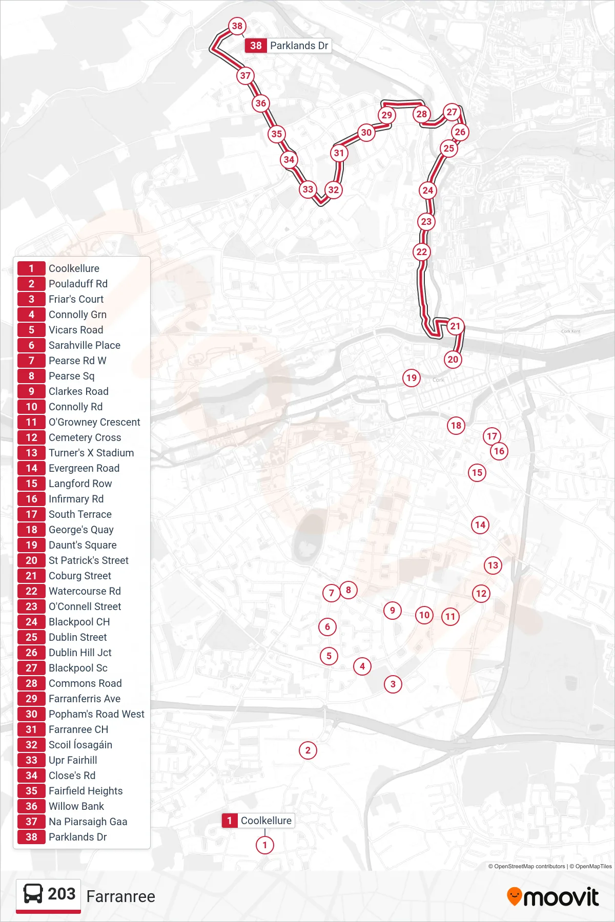 203 bus Line (Farranree) route and stops on a map