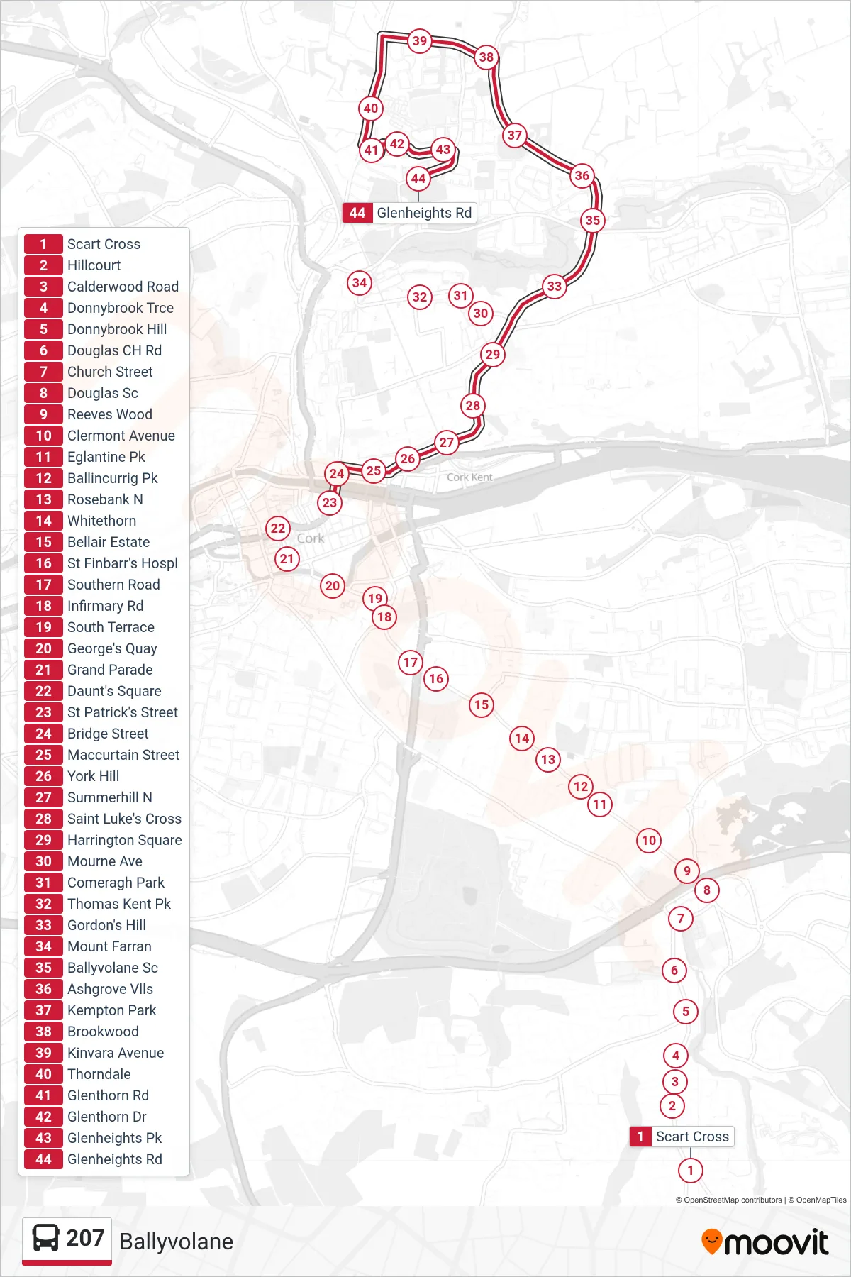 207 bus Line (Ballyvolane) route and stops on a map