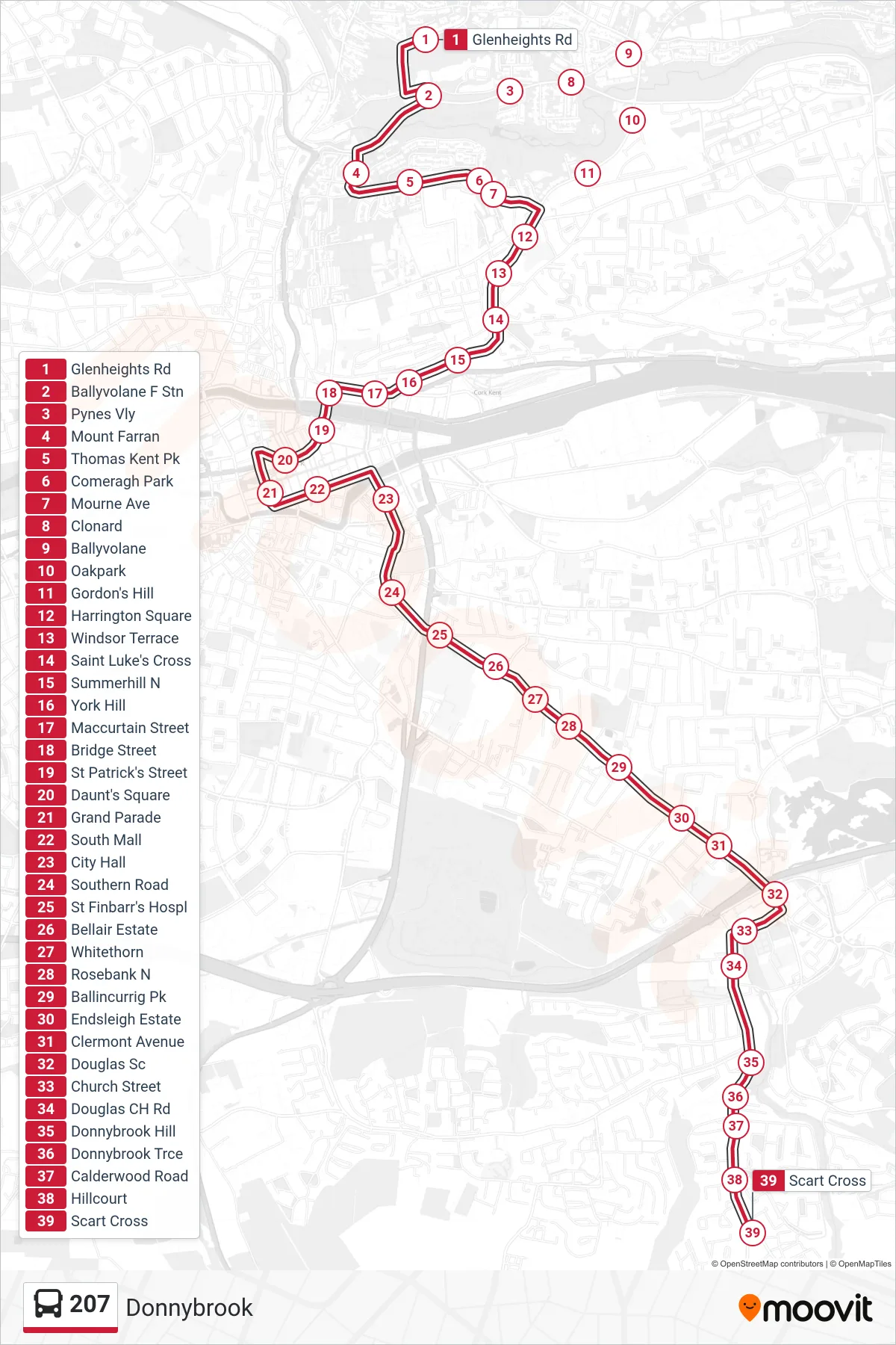 207 bus Line (Donnybrook) route and stops on a map