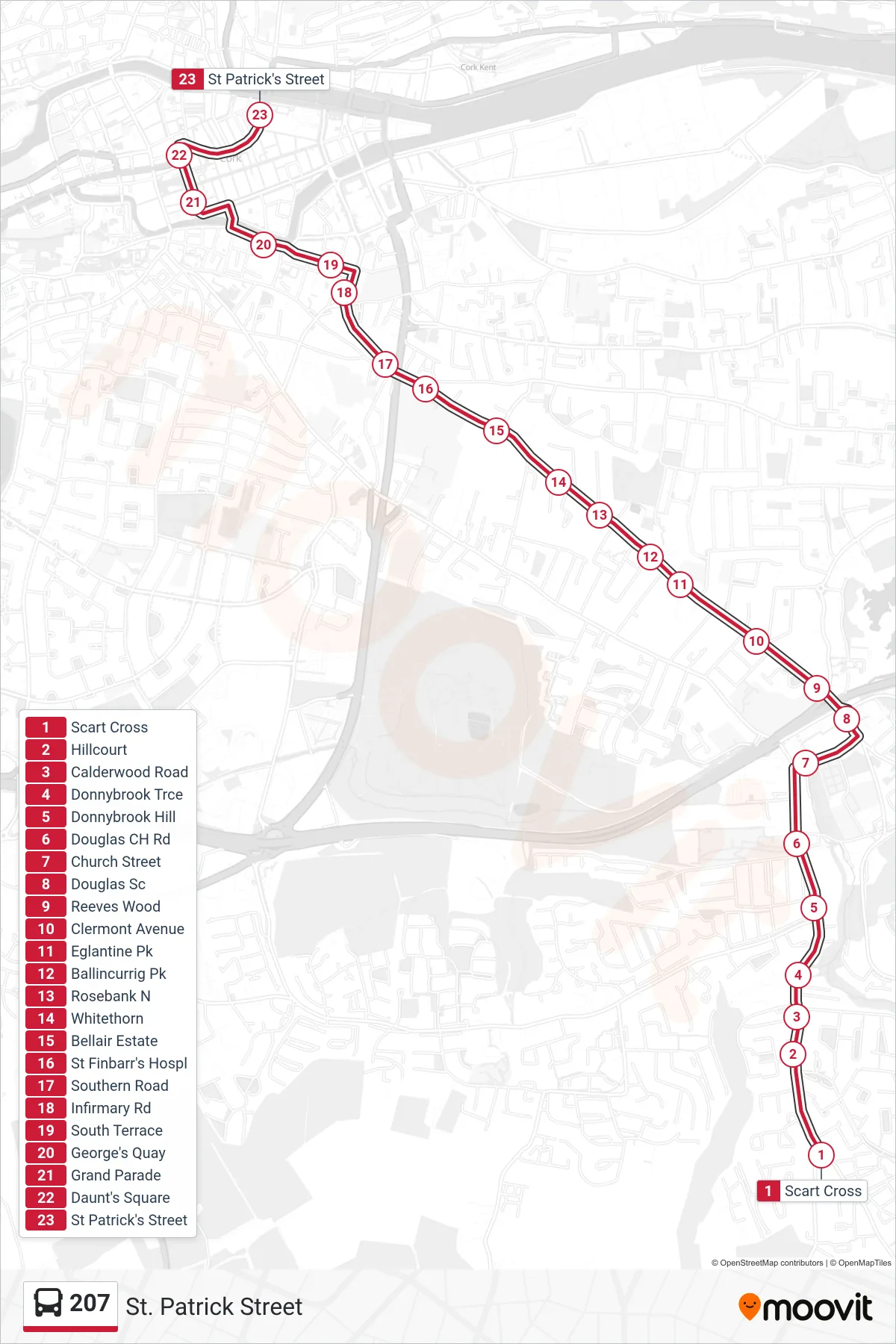 207 bus Line (St. Patrick Street) route and stops on a map