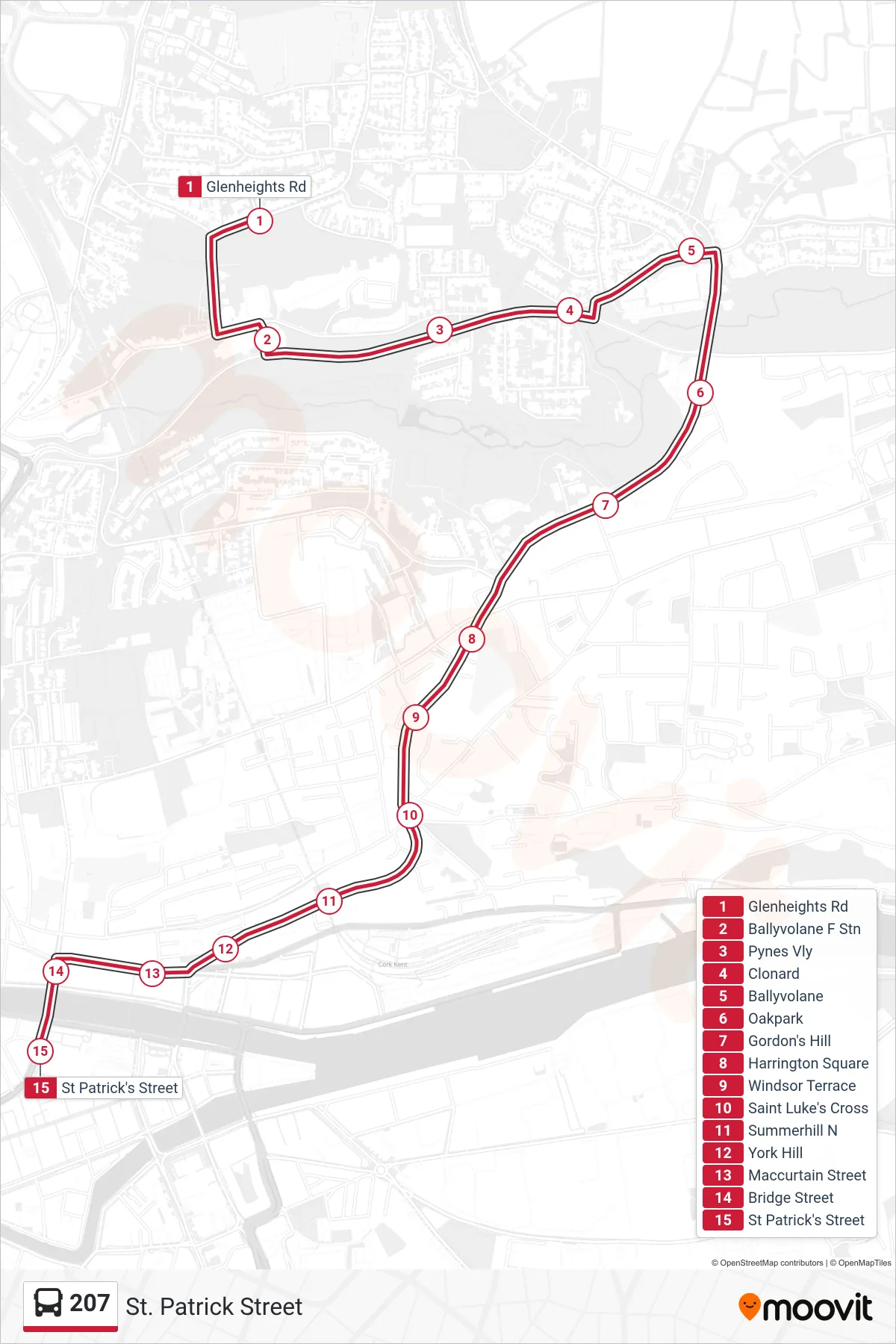207 bus Line (St. Patrick Street) route and stops on a map