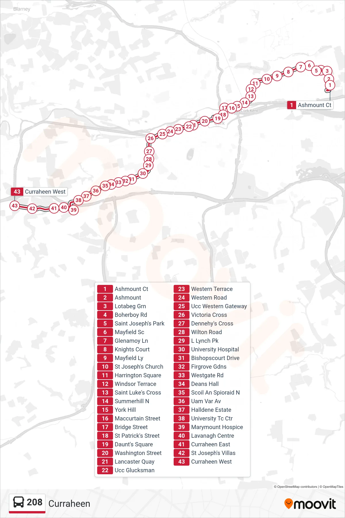 208 bus Line (Curraheen) route and stops on a map
