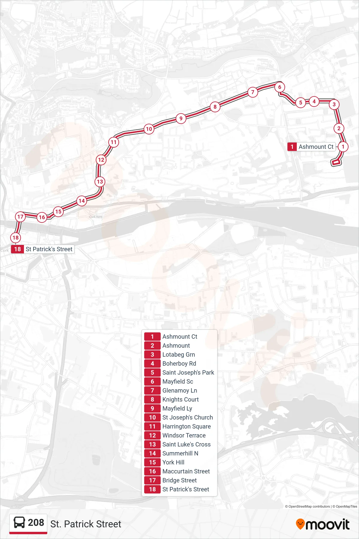 208 bus Line (St. Patrick Street) route and stops on a map
