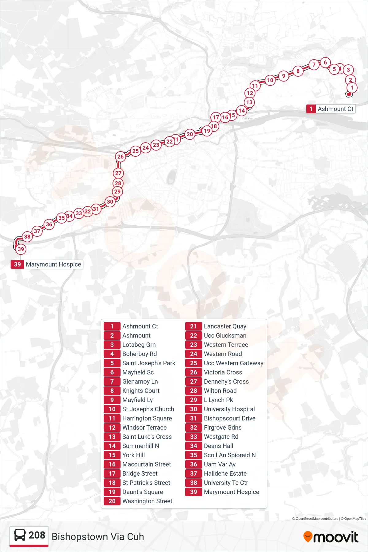 208 bus Line (Bishopstown Via Cuh) route and stops on a map