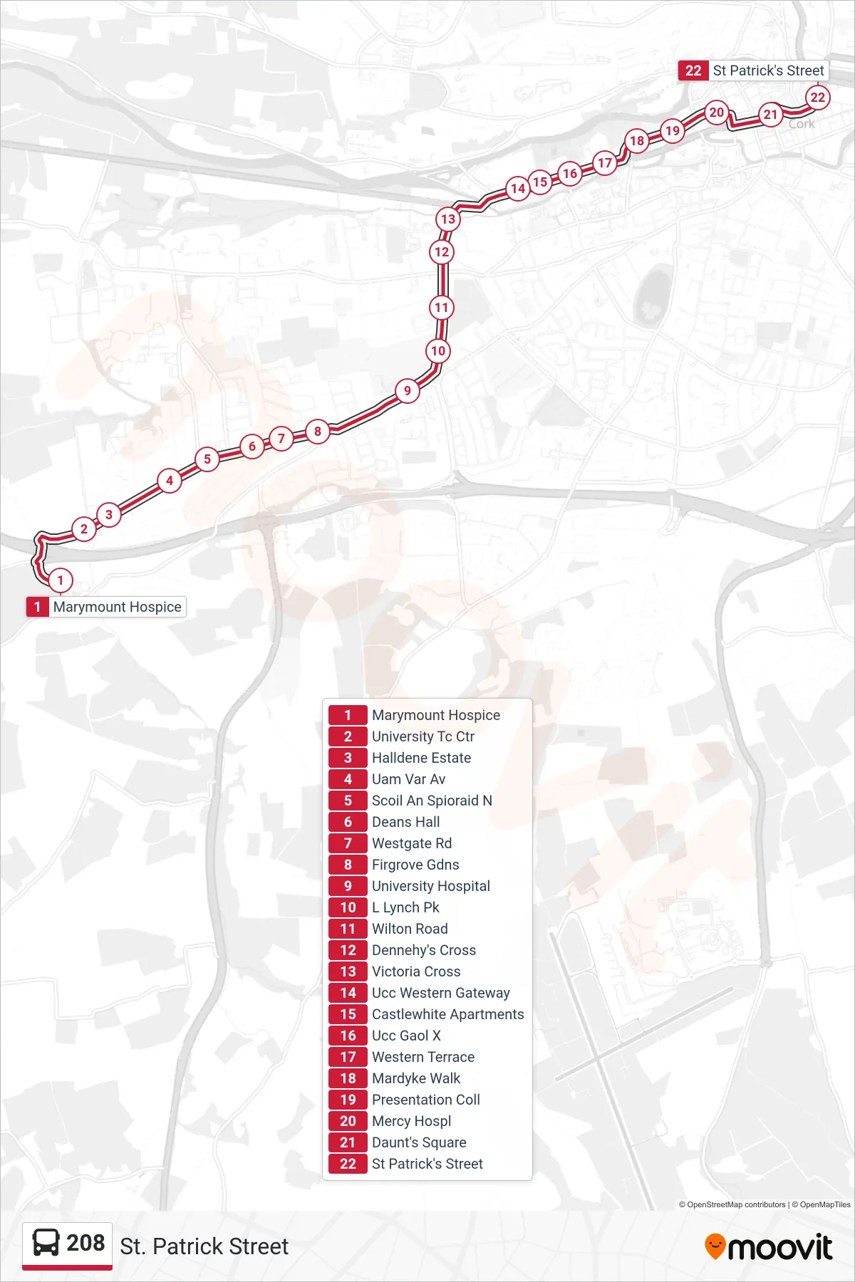 208 bus Line (St. Patrick Street) route and stops on a map