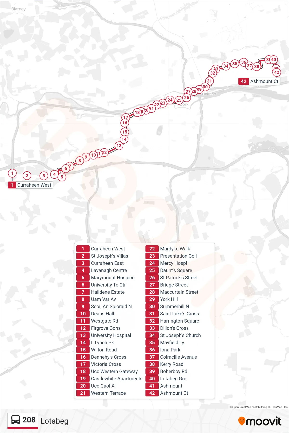208 bus Line (Lotabeg) route and stops on a map