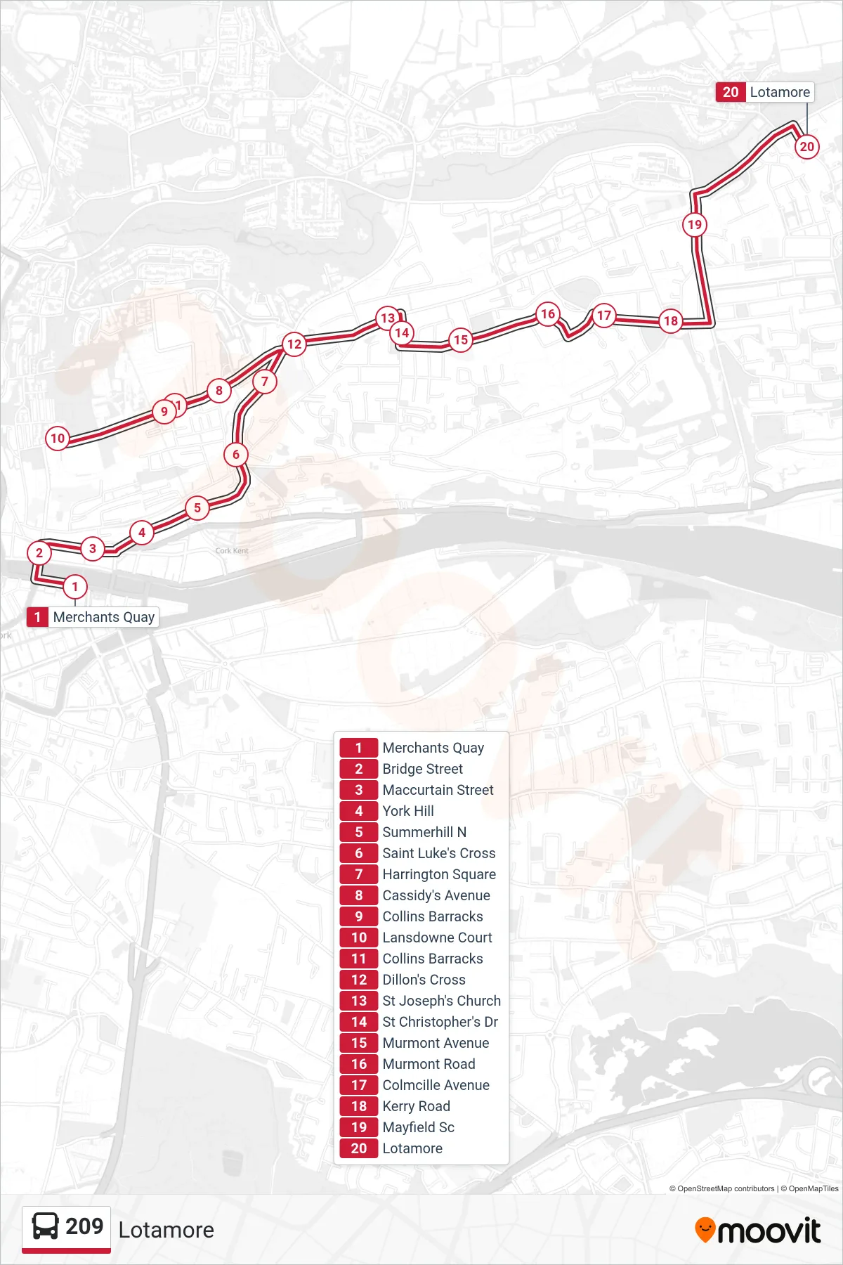 209 bus Line (Lotamore) route and stops on a map