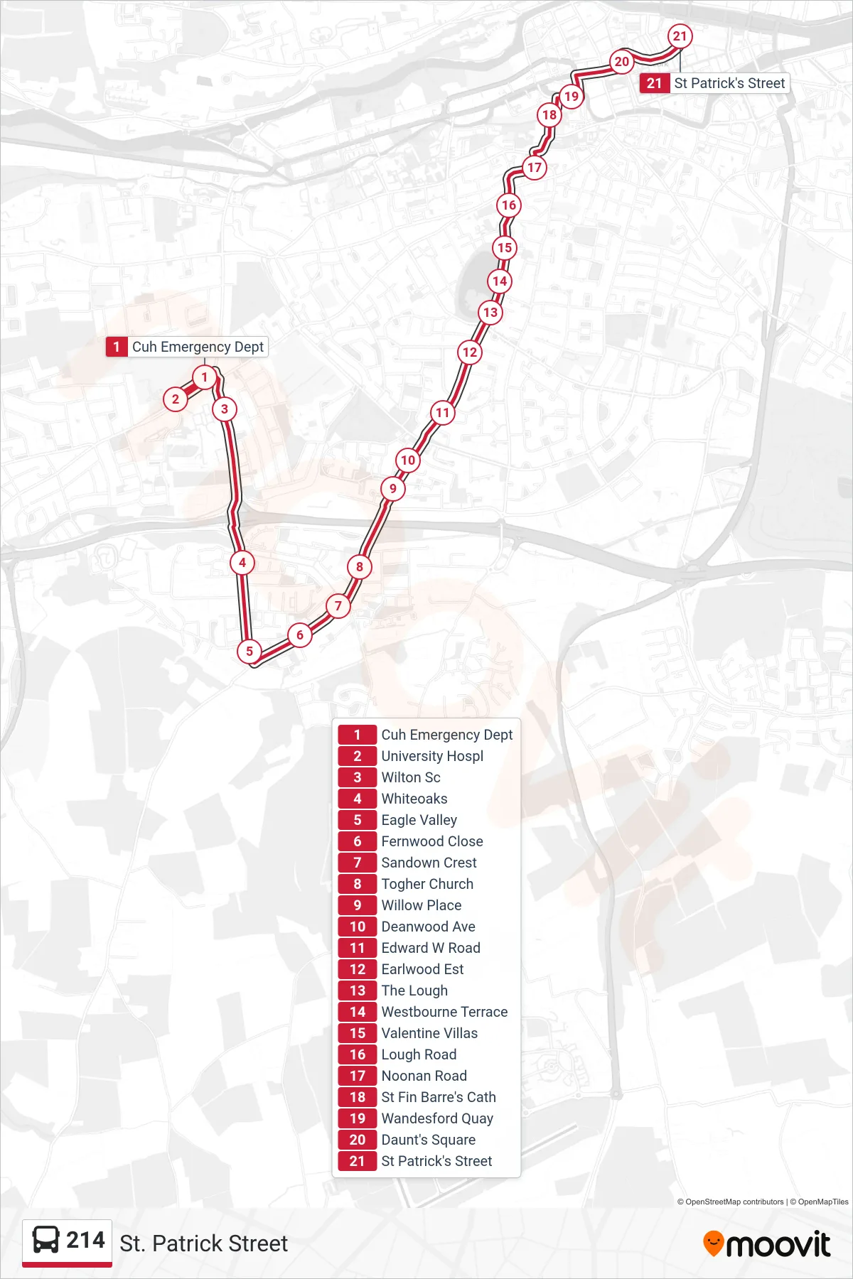 214 bus Line (St. Patrick Street) route and stops on a map