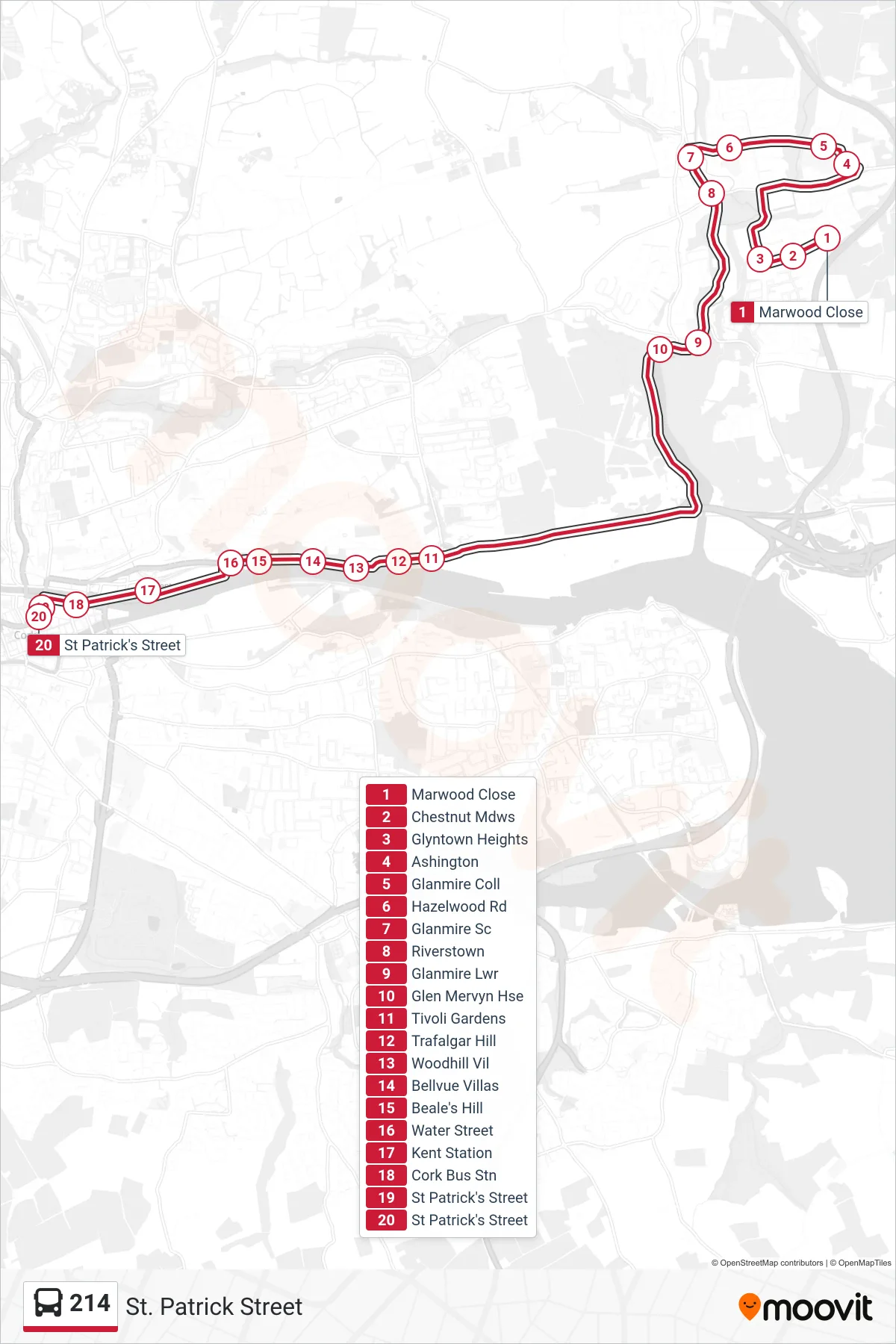 214 bus Line (St. Patrick Street) route and stops on a map