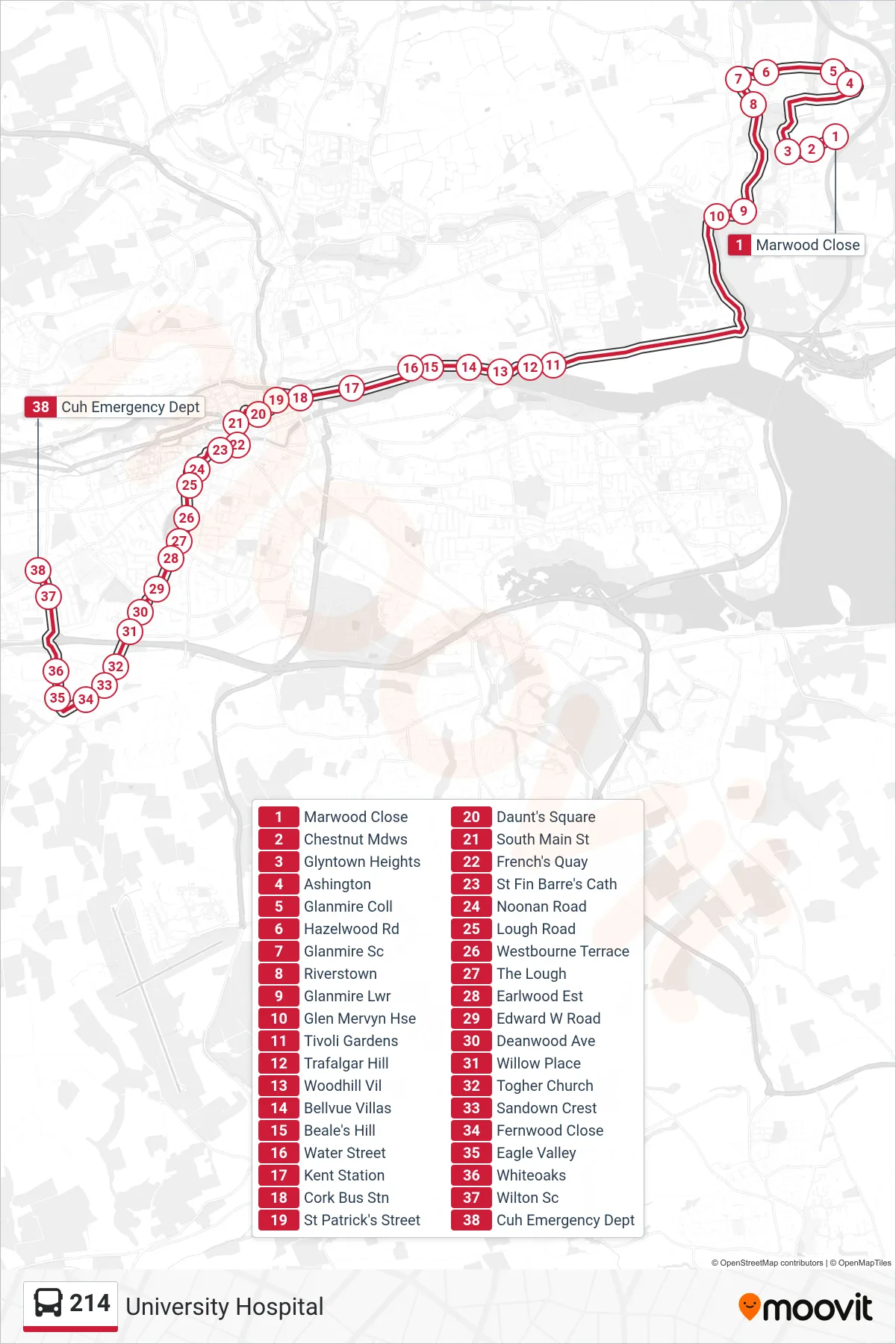 214 bus Line (University Hospital) route and stops on a map