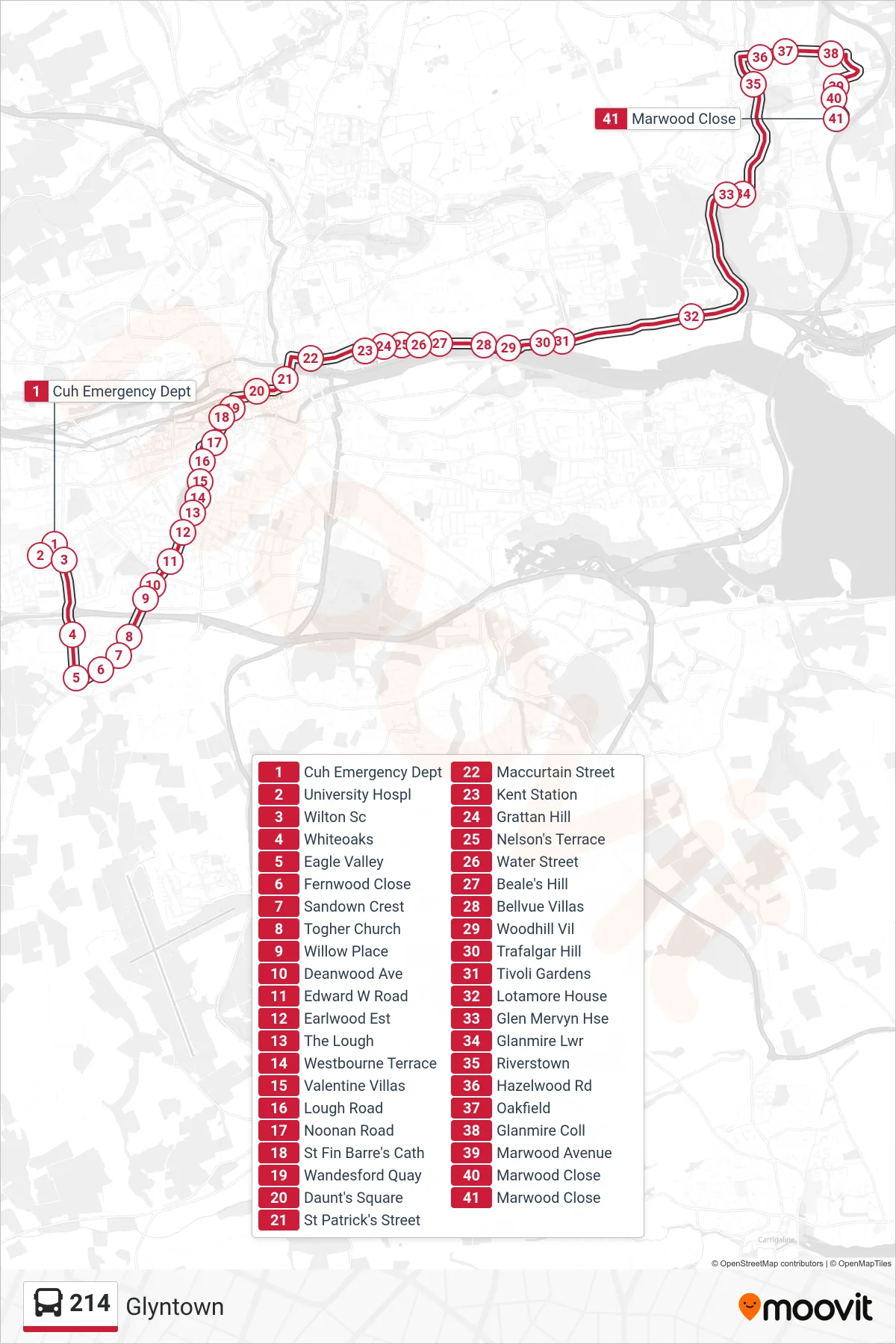 214 bus Line (Glyntown) route and stops on a map