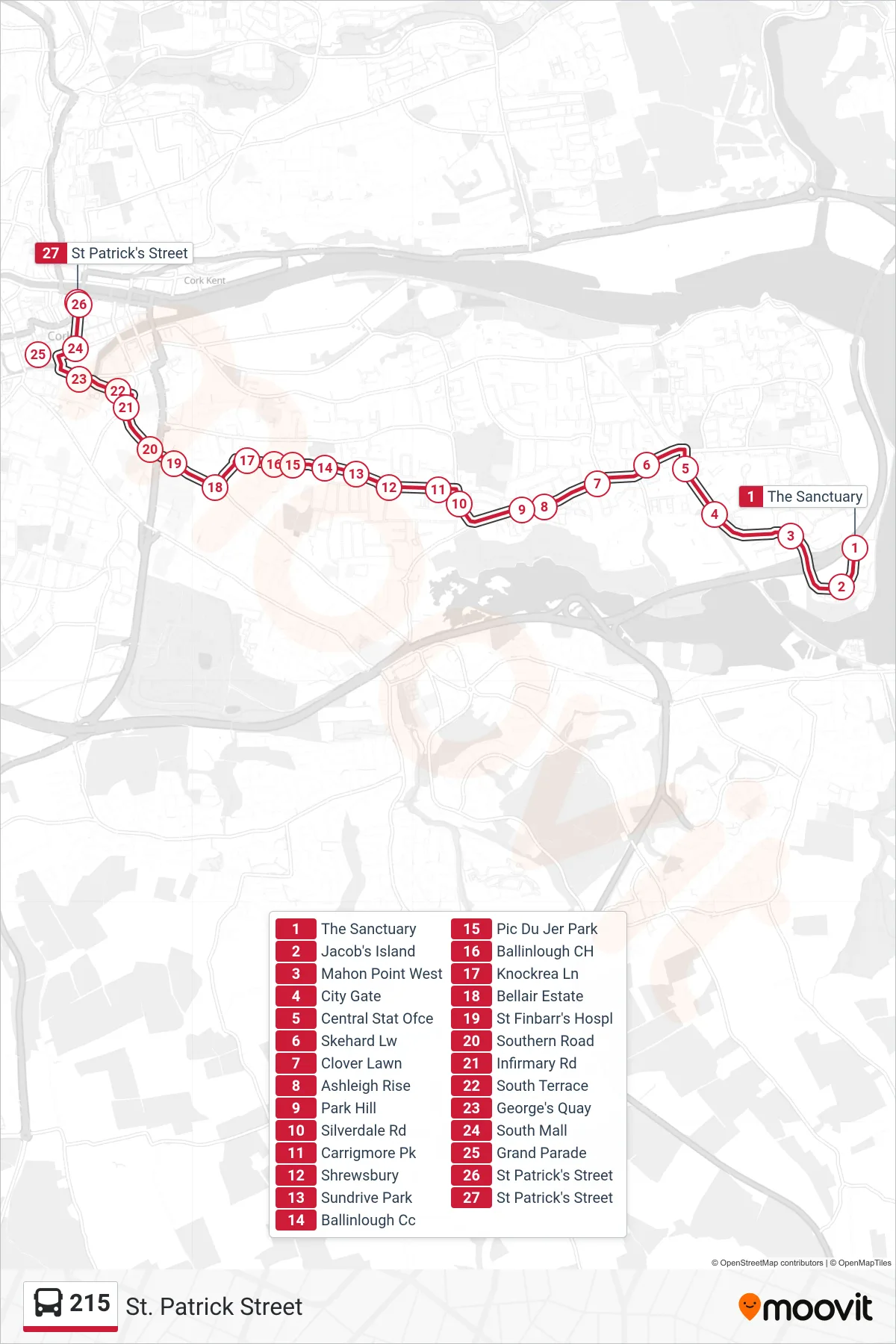 215 bus Line (St. Patrick Street) route and stops on a map