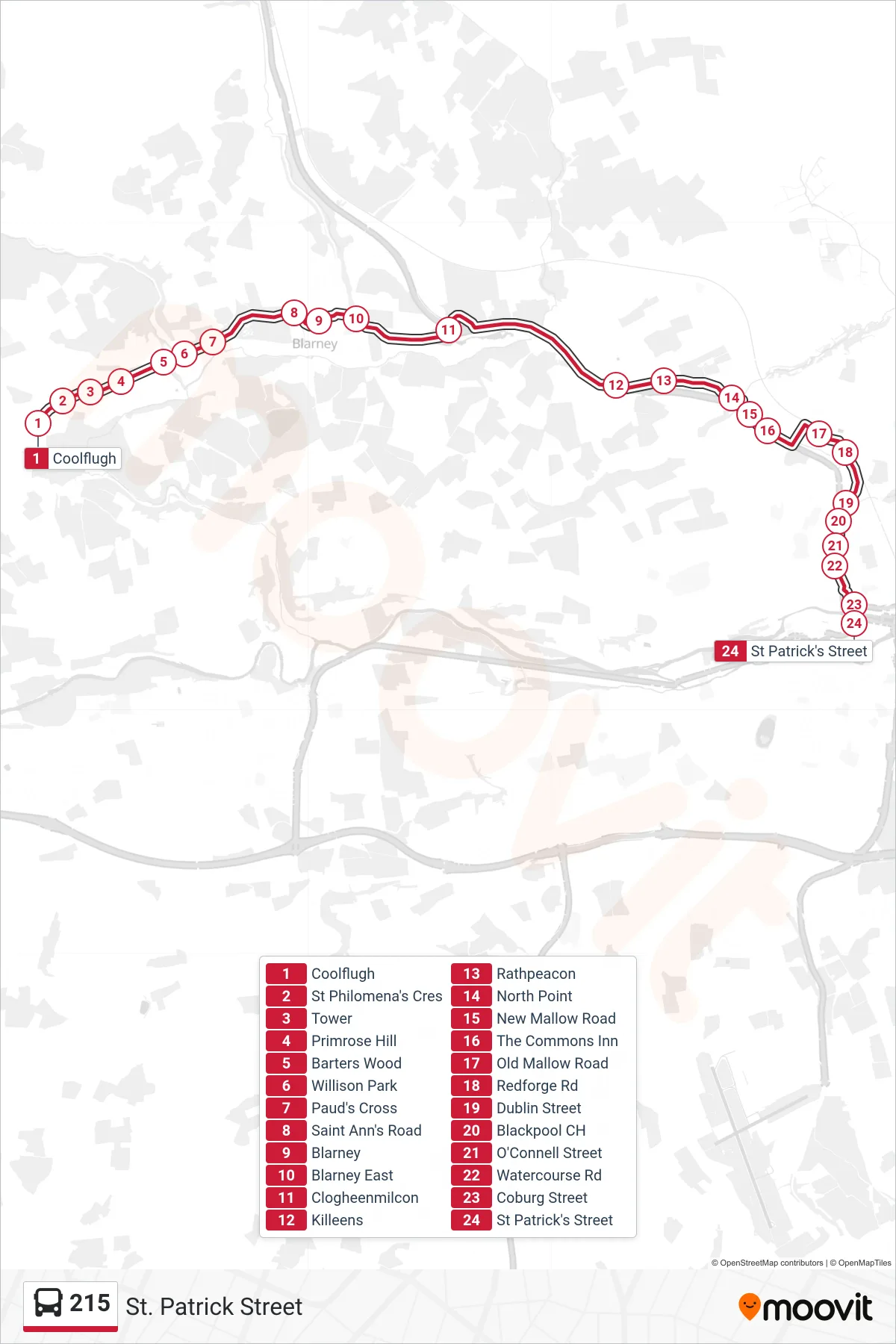 215 bus Line (St. Patrick Street) route and stops on a map